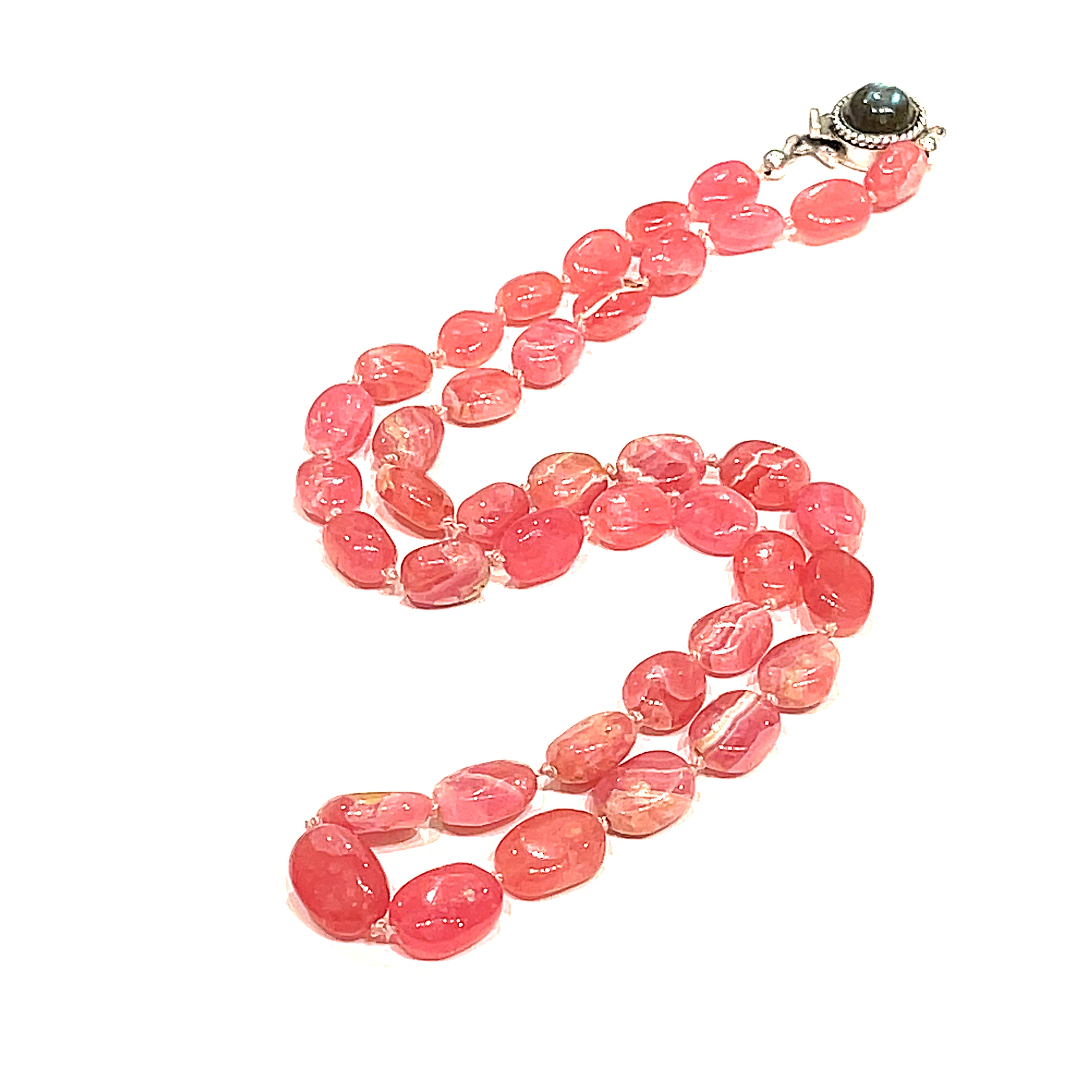A Rhodochrosite gemstone knotted necklace with a sterling silver Labradorite gemstone box clasp, on a white background, front, long overview.