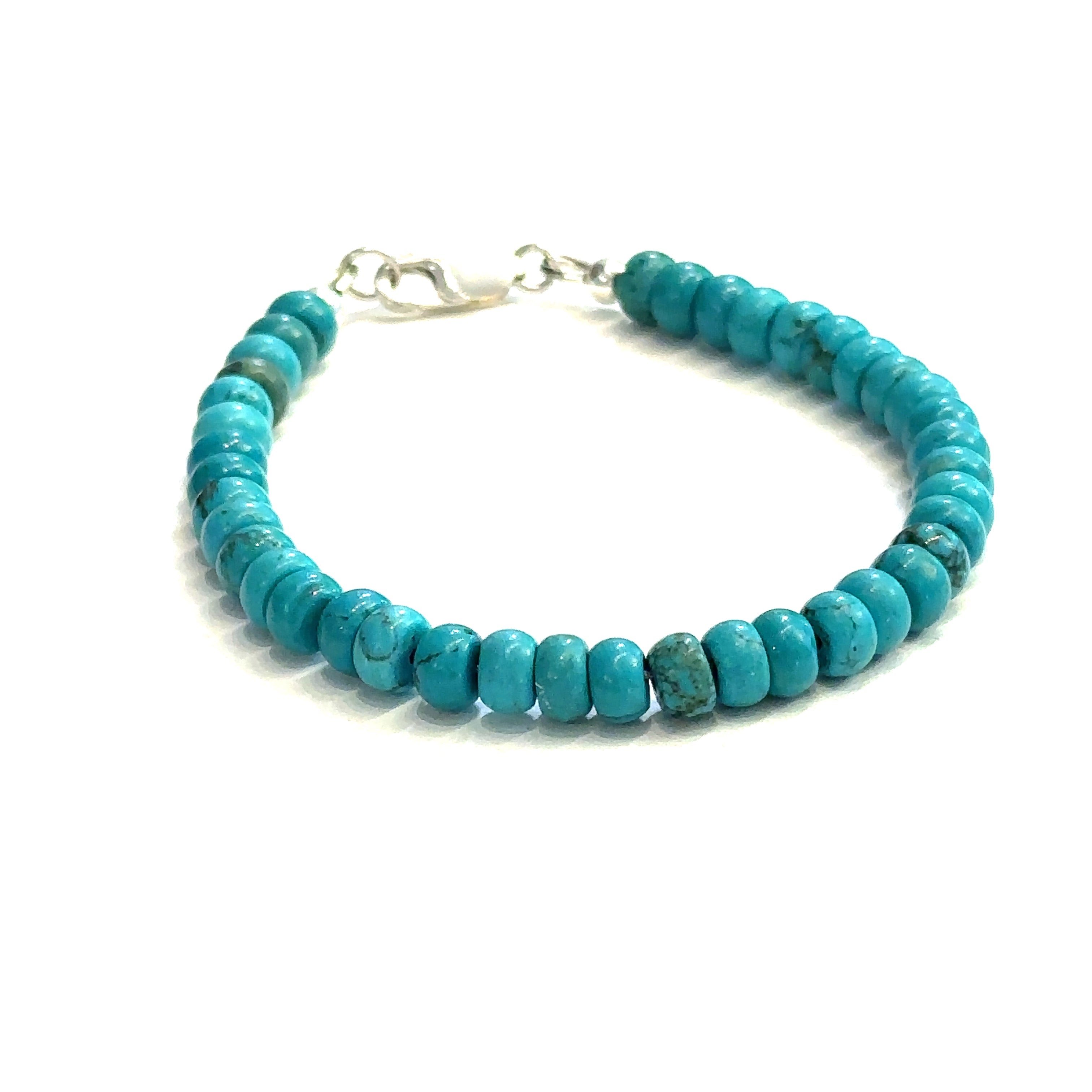 A  Top-grade Turquoise 5mm gemstone smooth beads strung on durable Beadalon wire with a sterling silver lobster claw on a white background  front center view.