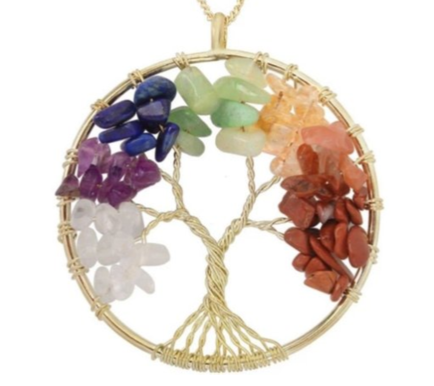 A Tree of Life pendant featuring a brass or sterling silver wire frame with an array of multicolored gemstones arranged in a circular pattern to form the design of a tree. on a white background, front view. 