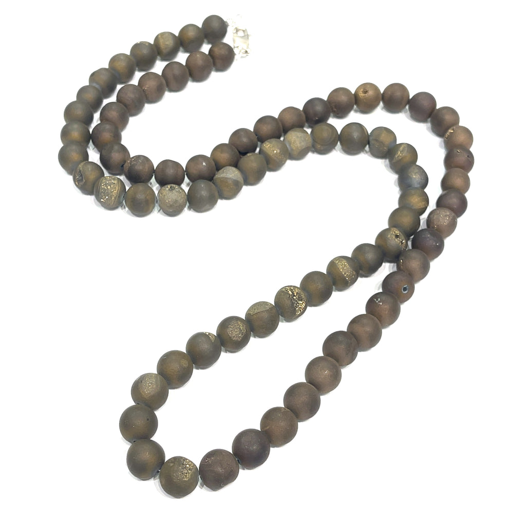 A Unisex Druzy Agate Necklace styled for layering and everyday wear, on a white background, center-long overview. 