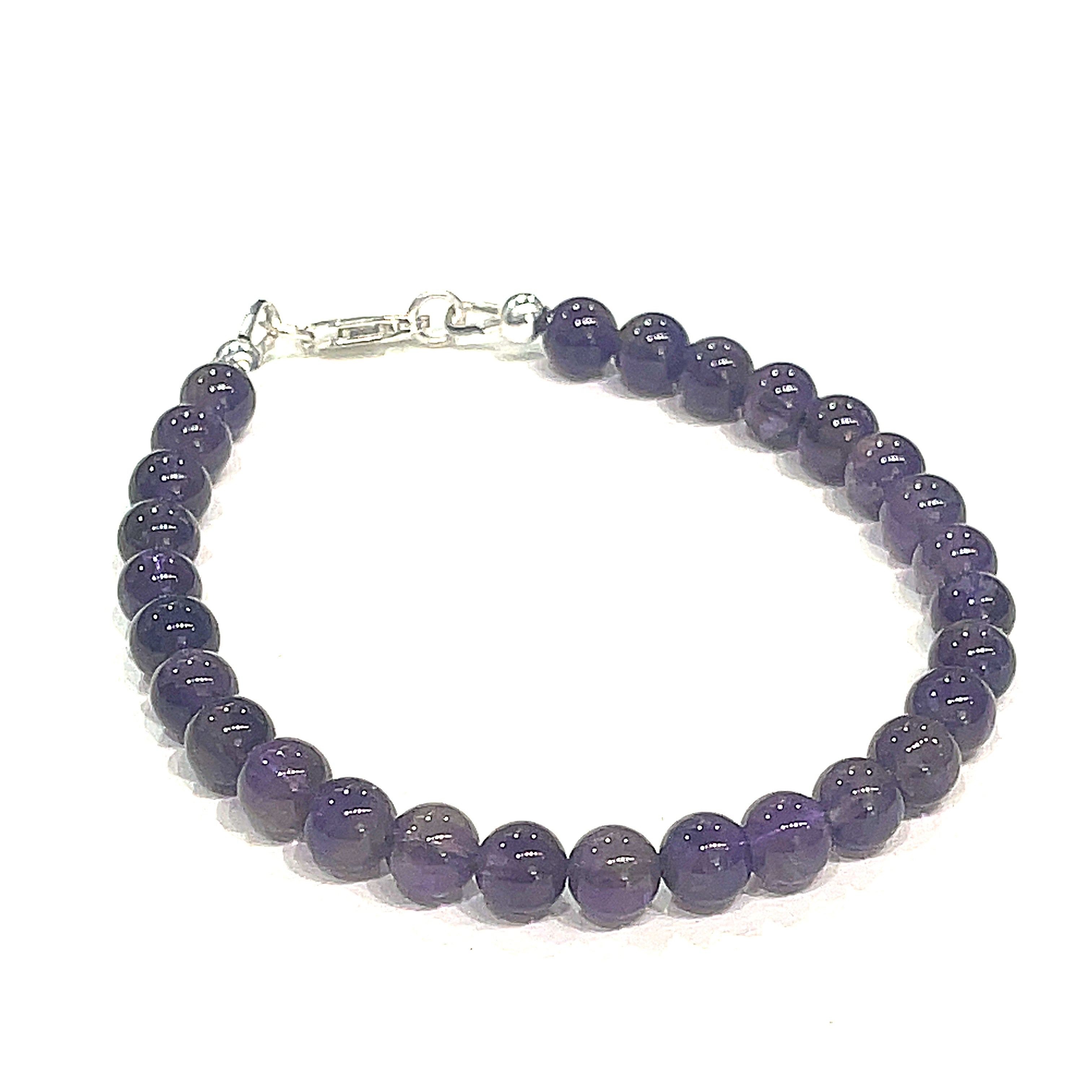 A beaded Amethyst gemstone bracelets, displayed against a white background, front close up overview. (lobster claw)