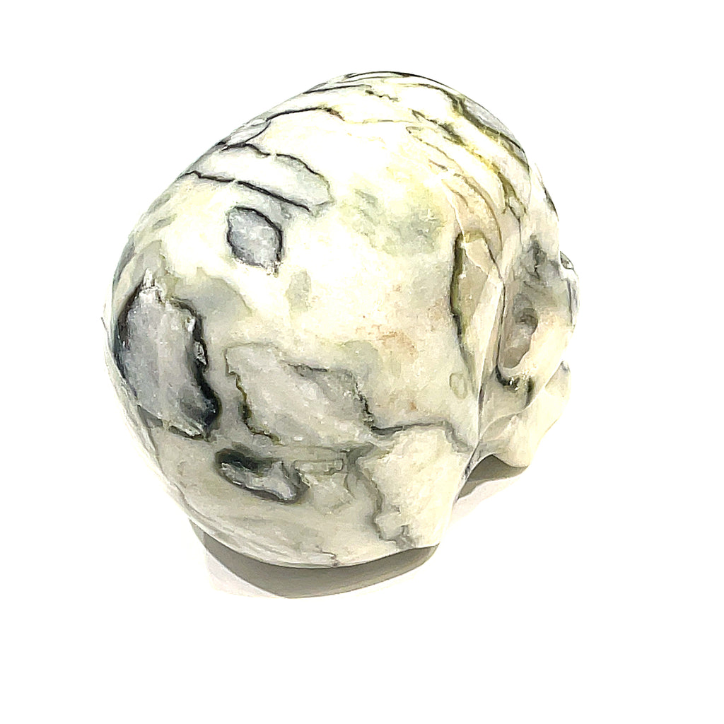 A carved tree-agate skull, white with green throughout, featuring realistic details such as eyes, nose, and mouth, on a white background, back, slight right-angle view.