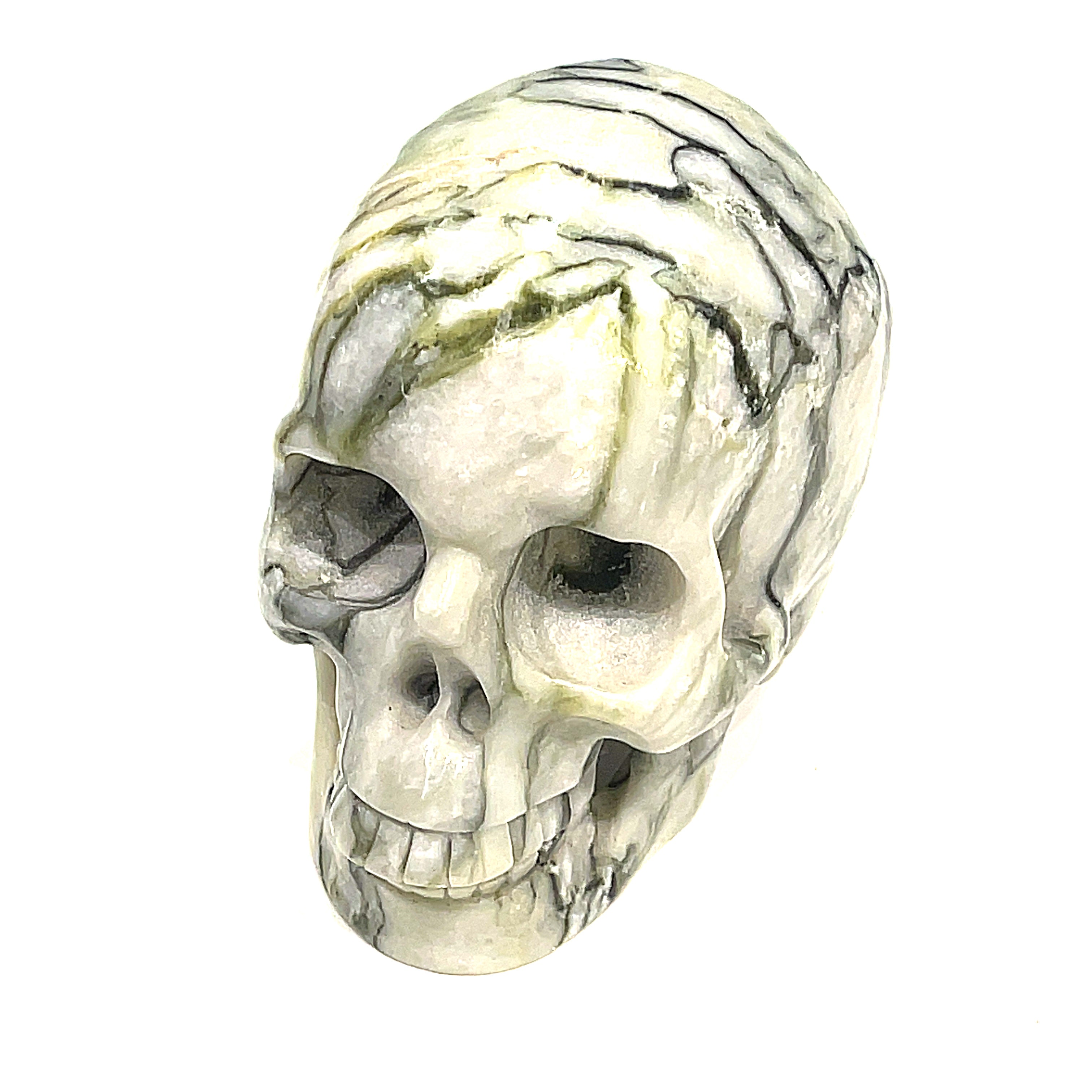 A carved tree-agate skull, white with green throughout, featuring realistic details such as eyes, nose, and mouth, on a white background, front, slight left-angle view. 