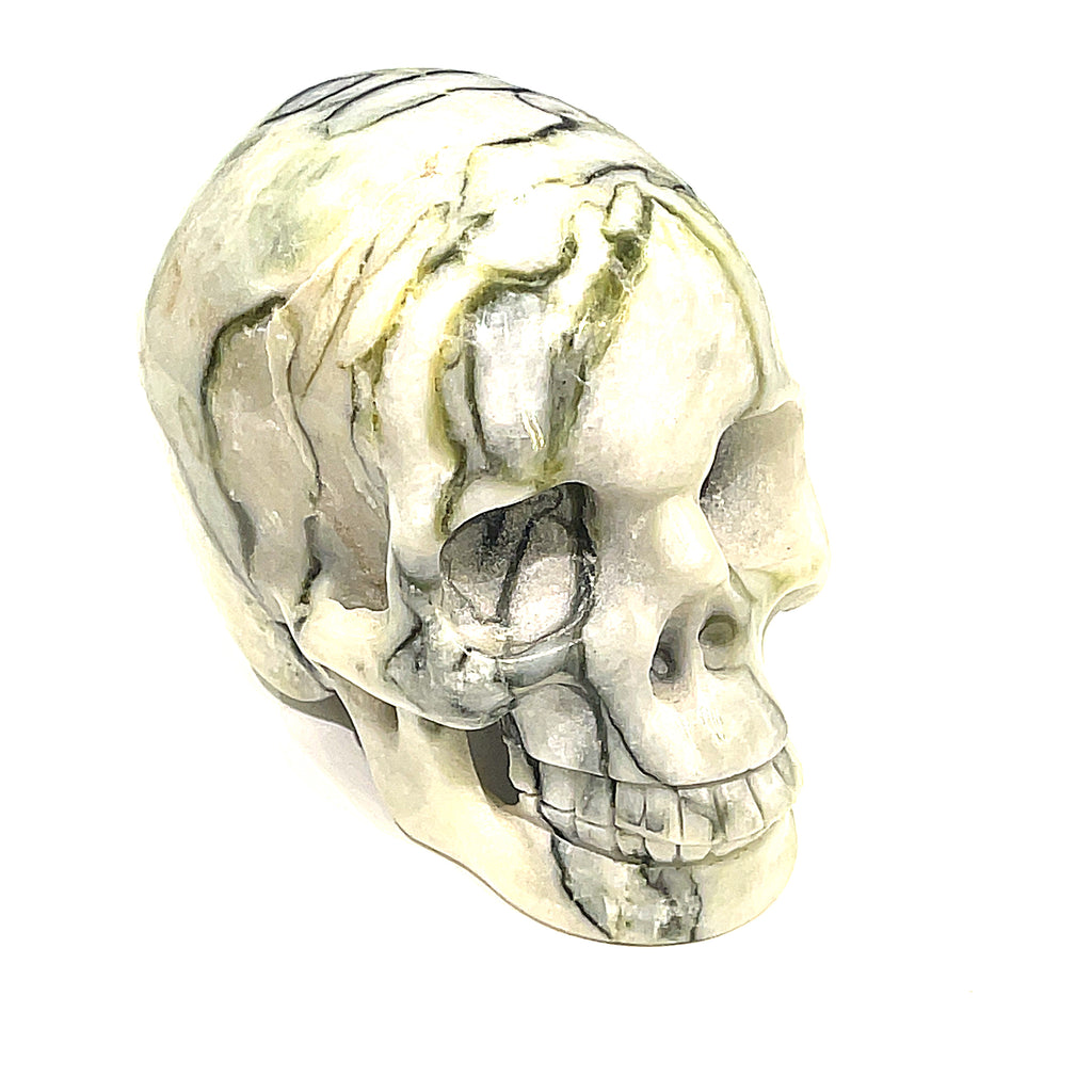 A carved tree-agate skull, white with green throughout, featuring realistic details such as eyes, nose, and mouth, on a white background, front, slight right-angle view.