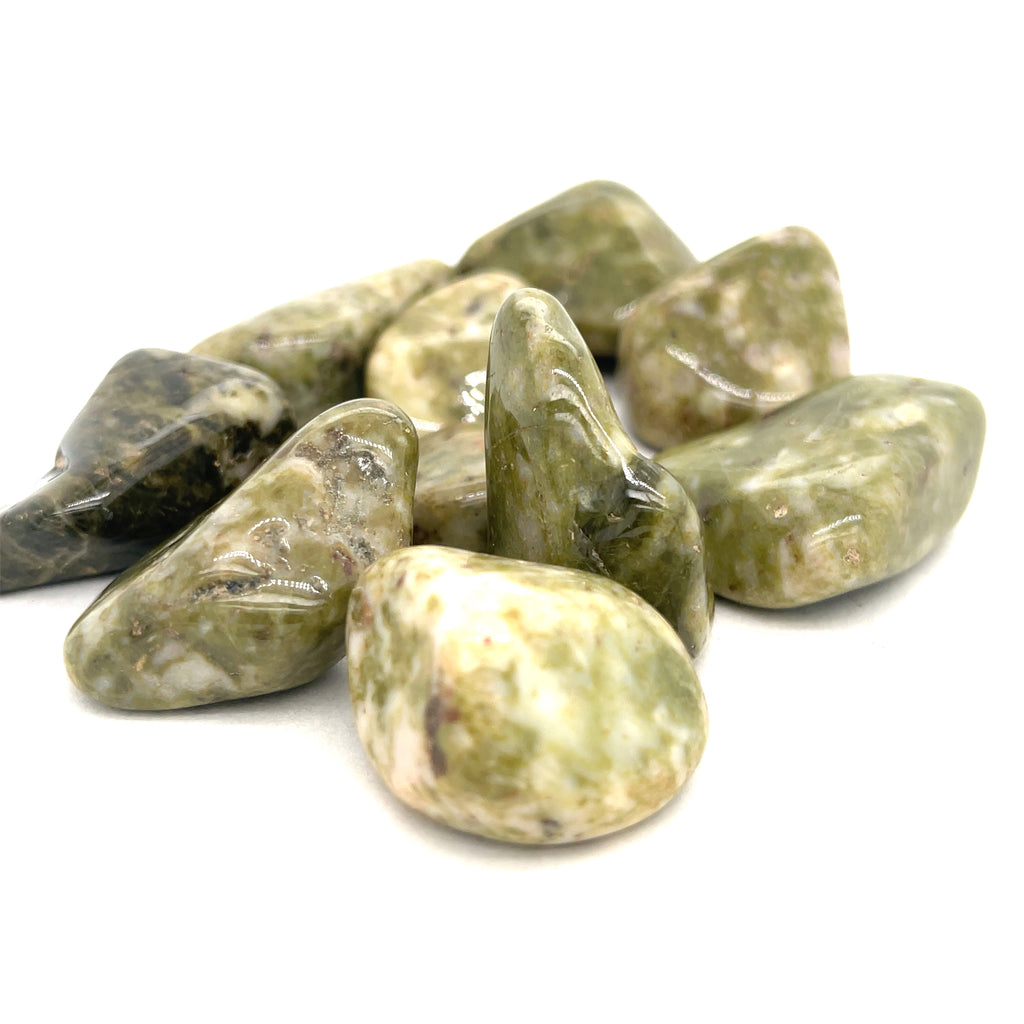 A close up  of a collection of Epidote gemstones, polished crystal showing natural texture, earthy green tones, and subtle luster on a white background front overview. 