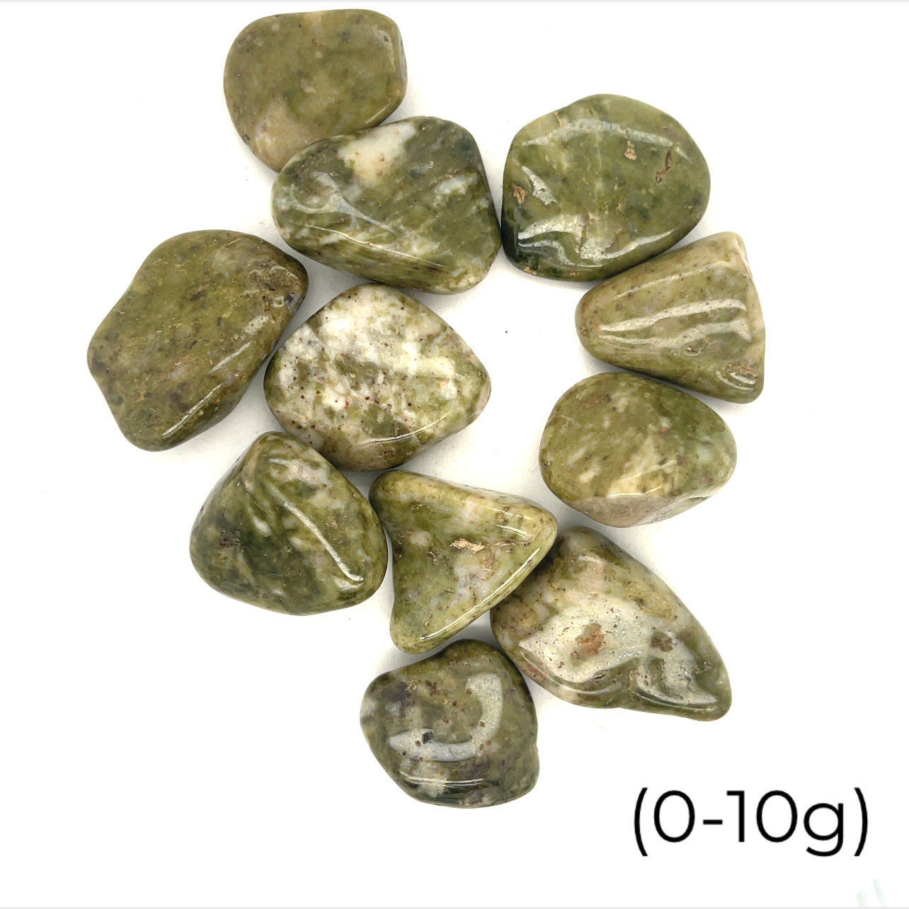 A close up  of a collection of Epidote gemstones, polished crystal showing natural texture, earthy green tones, and subtle luster on a white background front overview size (0-10g)