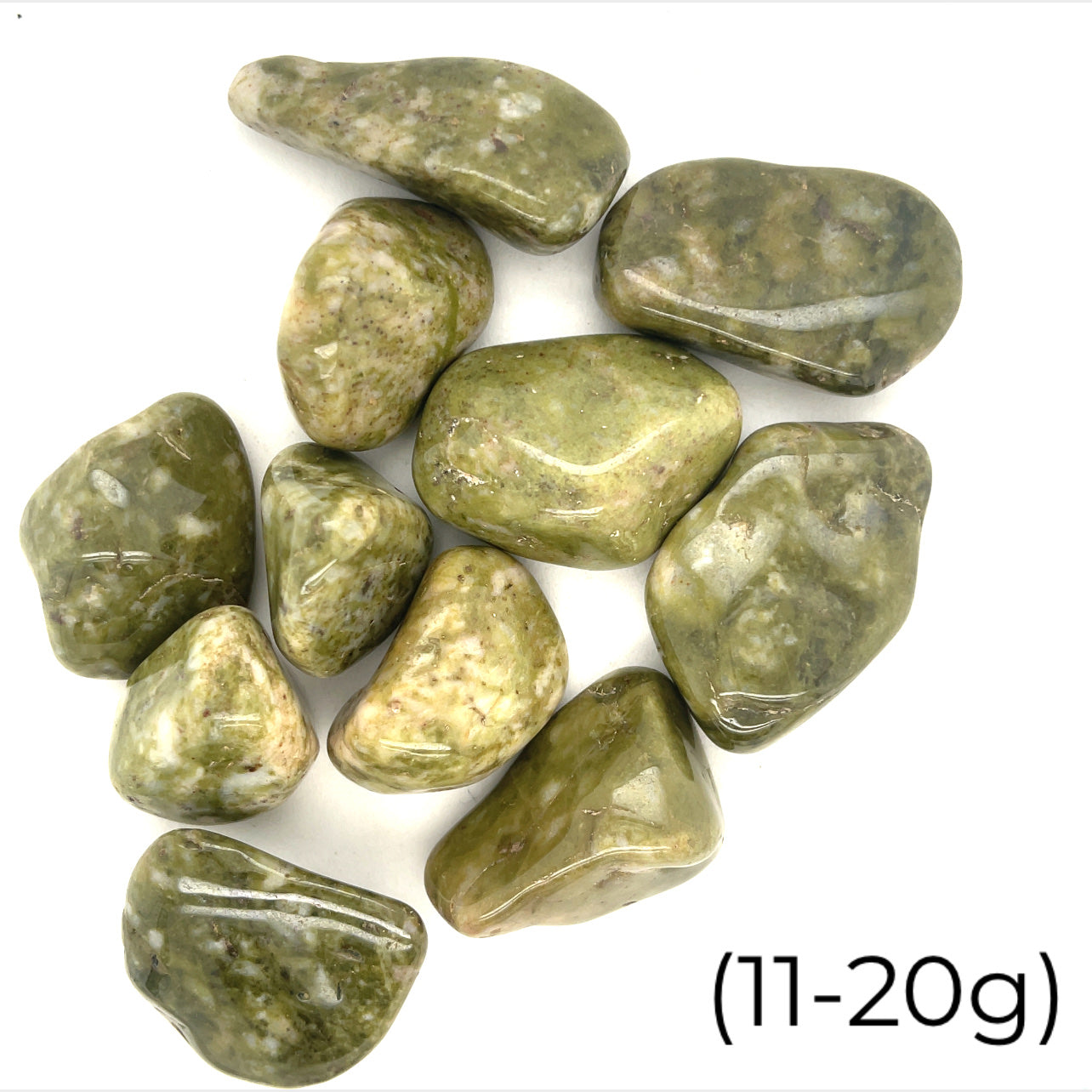 A close up  of a collection of Epidote gemstones, polished crystal showing natural texture, earthy green tones, and subtle luster on a white background front overview size (11-20g)
