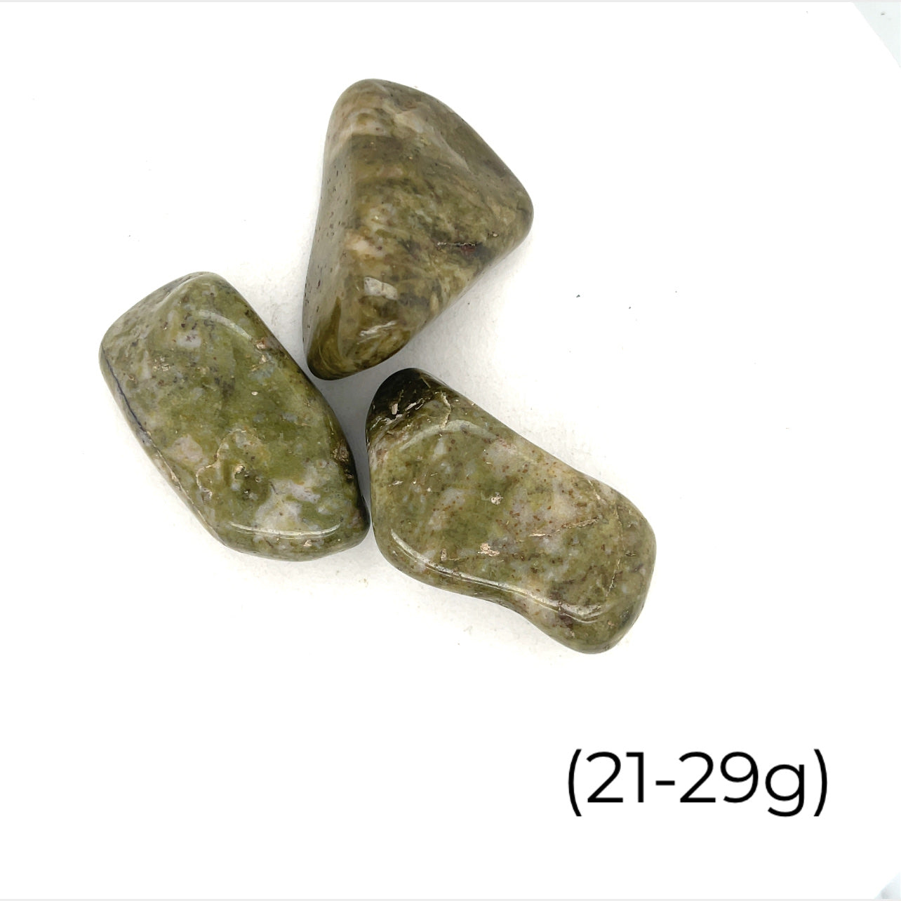 A close up  of a collection of Epidote gemstones, polished crystal showing natural texture, earthy green tones, and subtle luster on a white background front overview size (21-29g)