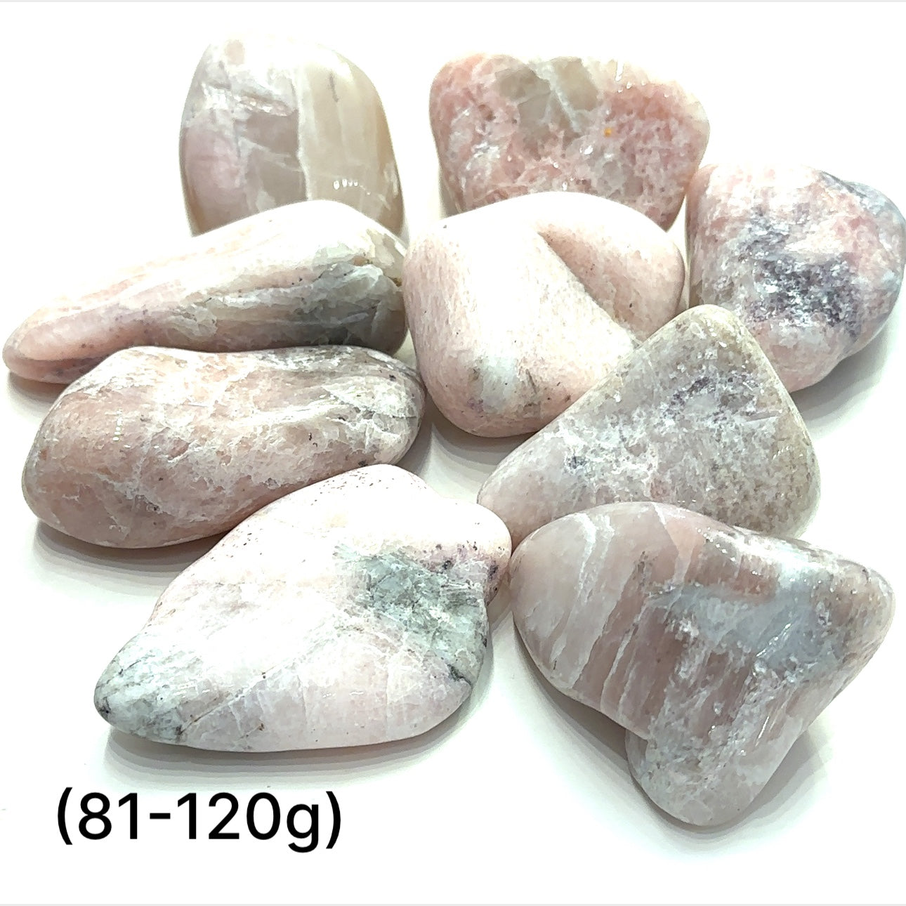 A collection of (81-120g) tumbled Petalite gemstones with a pink hue, displayed   on a white background, front overview.