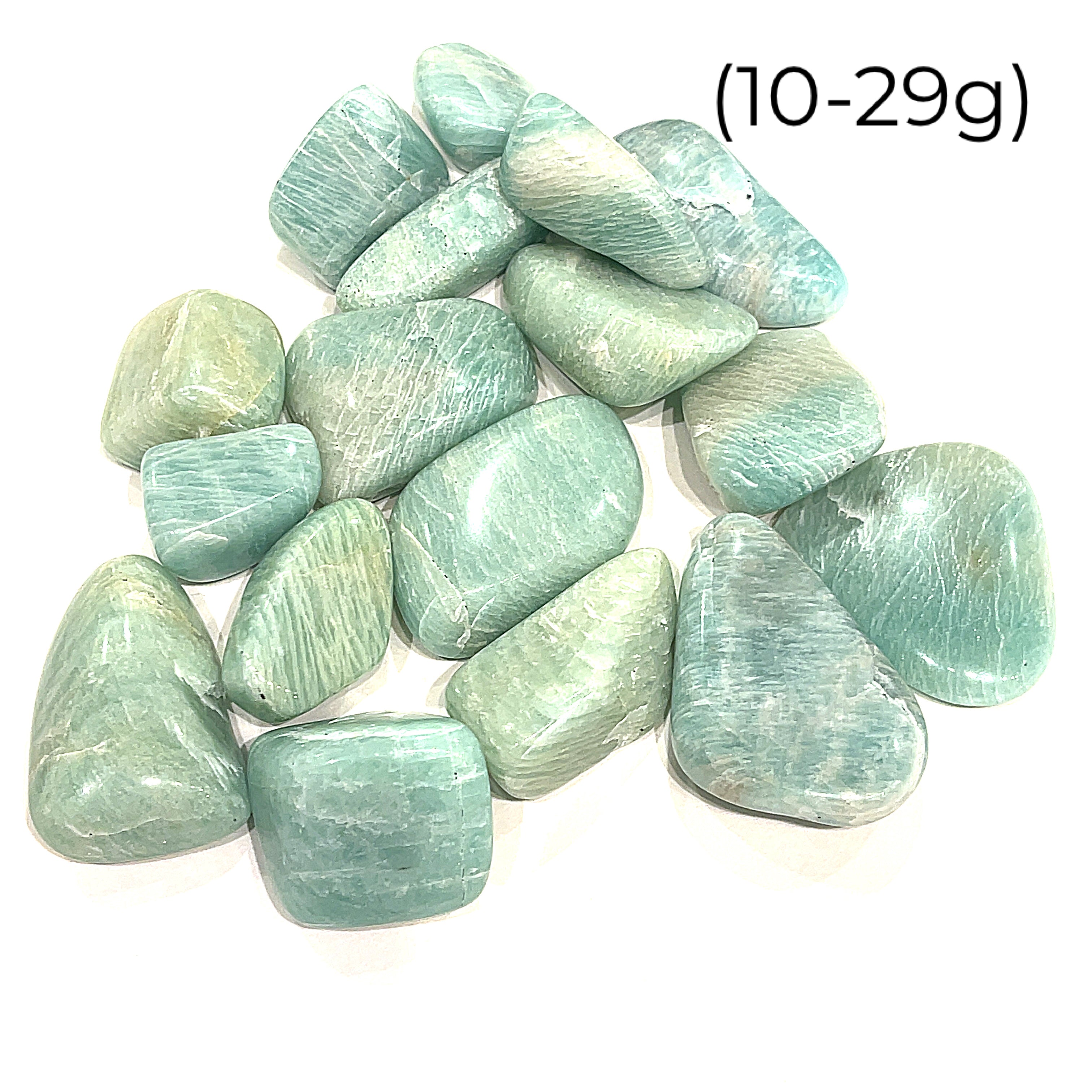 A collection of Amazonite gemstone tumbles (10-29g), front close up overview.  