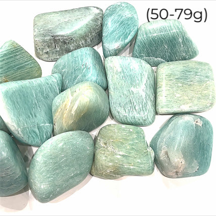 A collection of Amazonite gemstone tumbles (50-79g), front close up overview.  