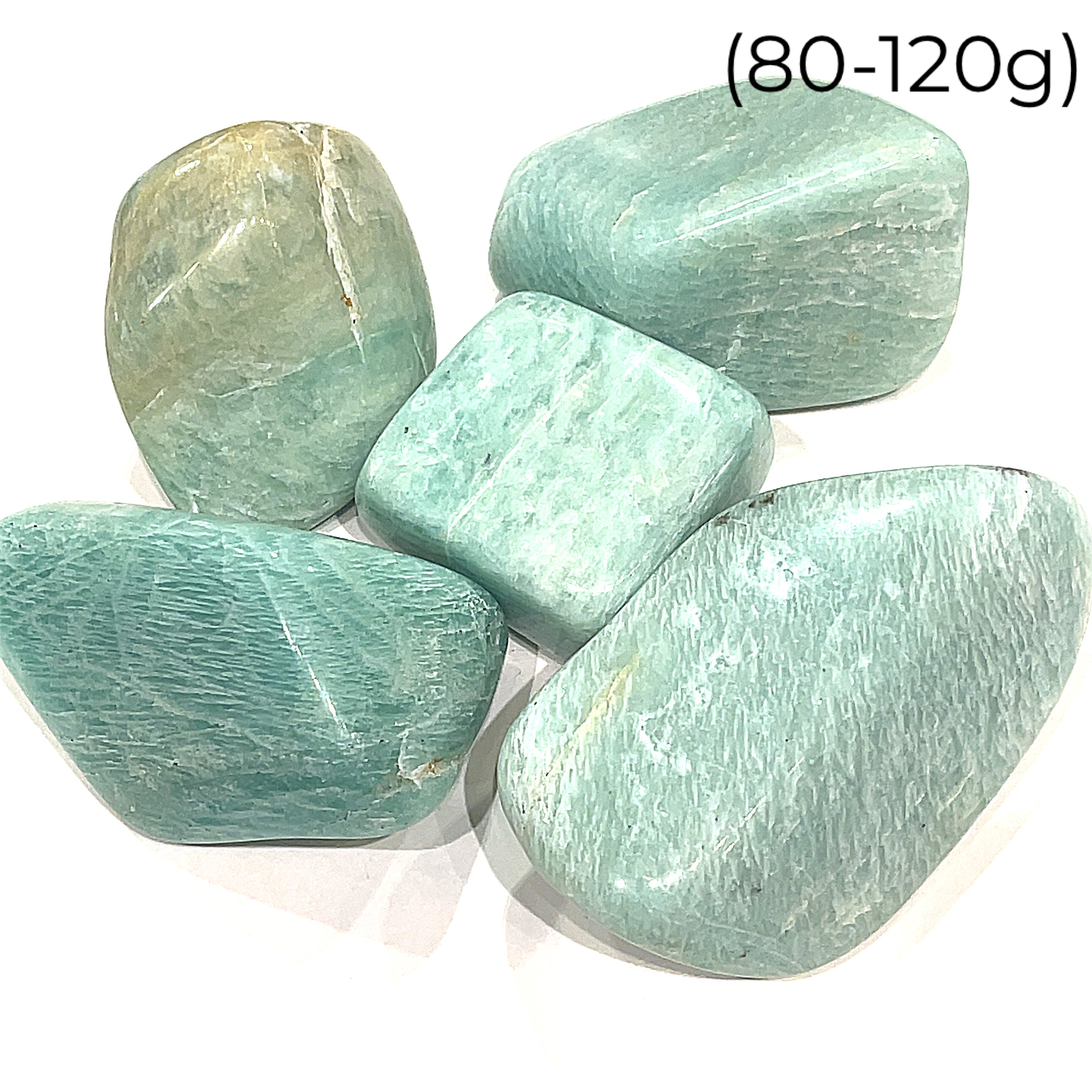 A collection of Amazonite gemstone tumbles (80-120g), front close up overview.  