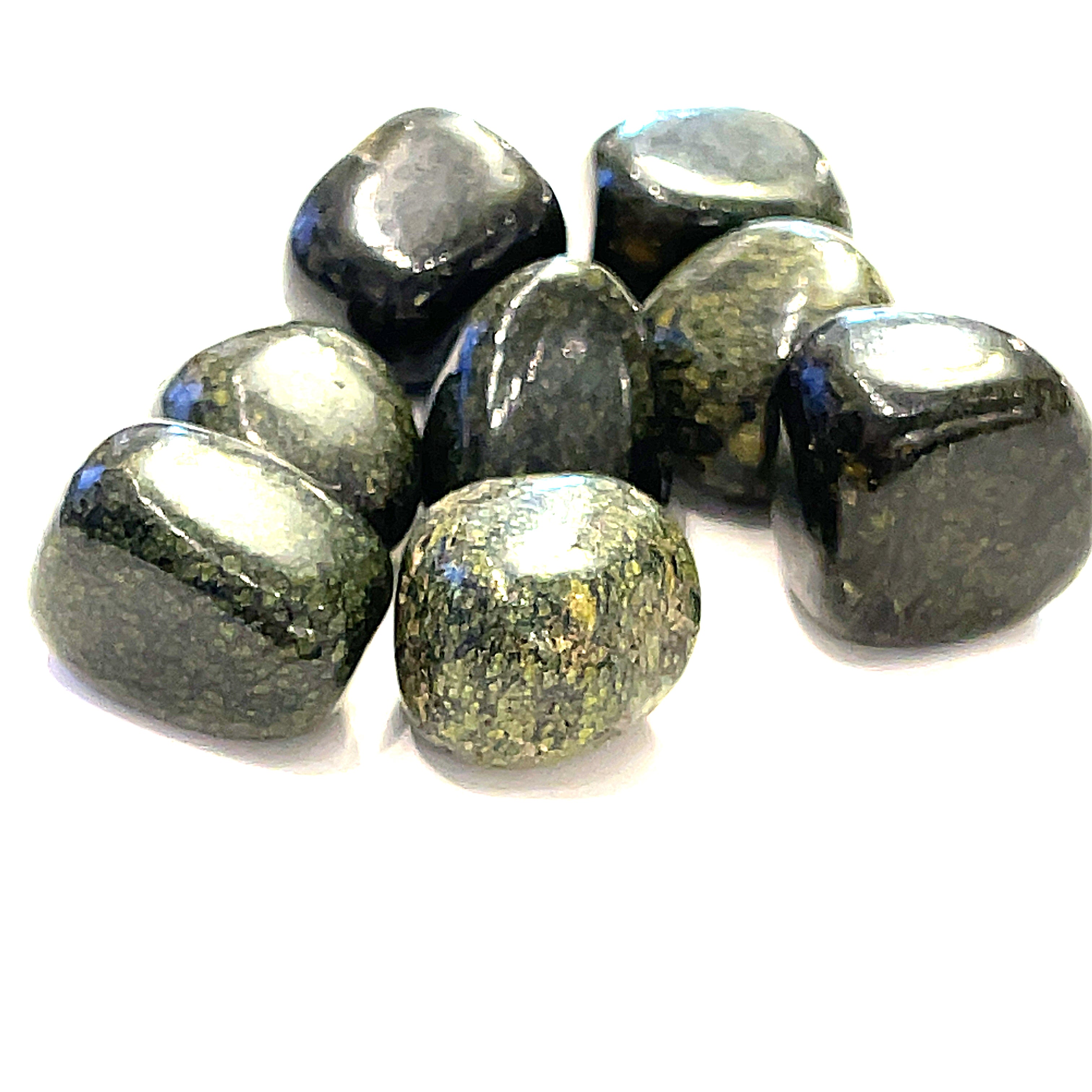 A collection of Asterite gemstone tumbles displayed on a white background, front, close-up overview.