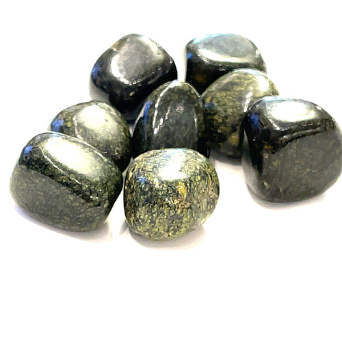 A collection of Asterite gemstone tumbles displayed on a white background, front, close-up overview.