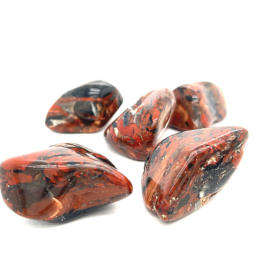 A collection of Brecciated Jasper tumbled gemstones displayed on a white background, front, close-up overview.