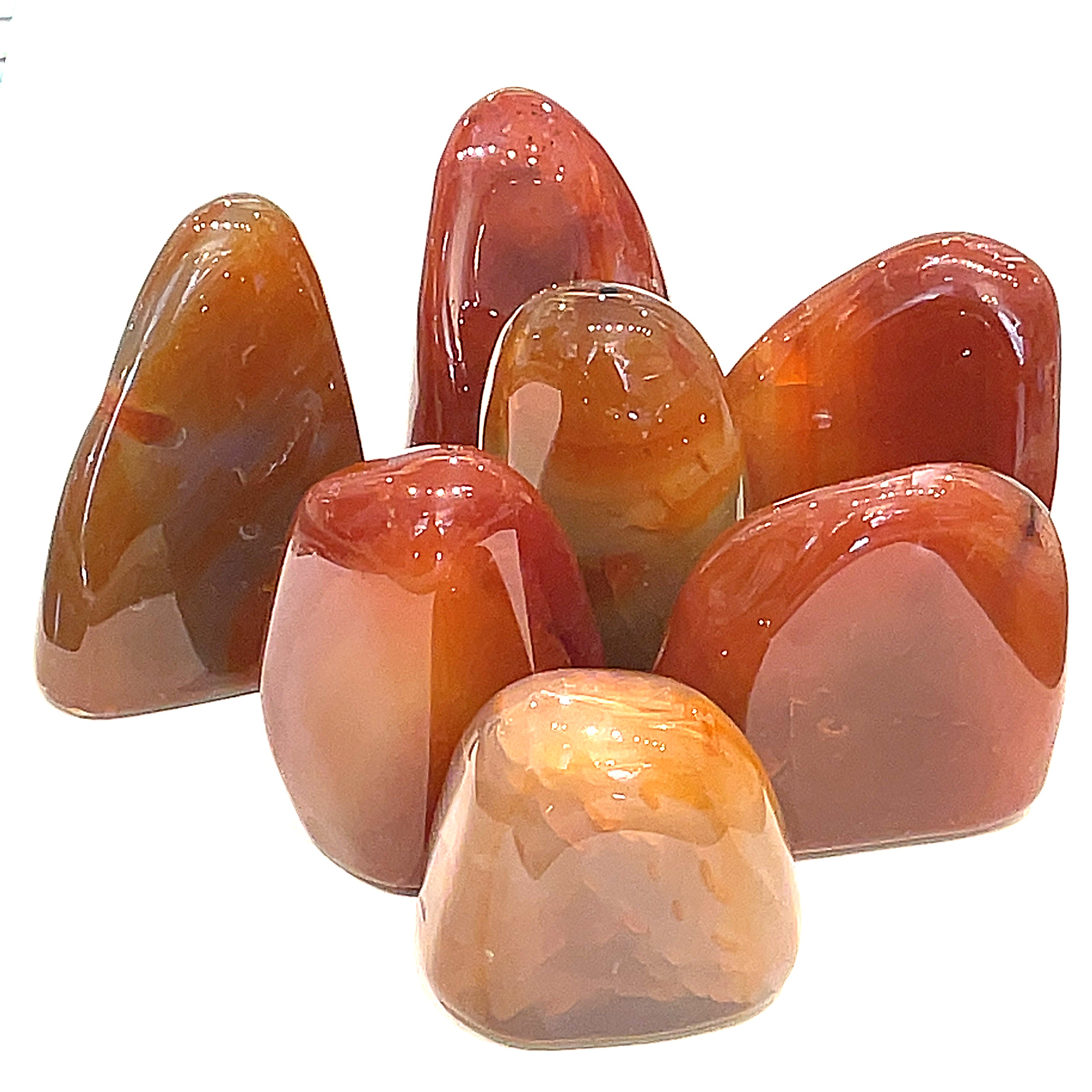 A collection of Carnelian gemstones of various free-form shapes displayed together on a white background, front view. 