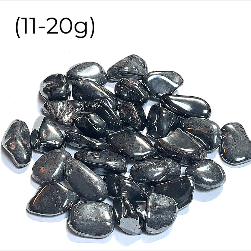 A collection of Hematite gemstones (11-20g) on a white background, front view. 
