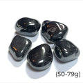 A collection of Hematite gemstones (50-79g) on a white background, front view. 