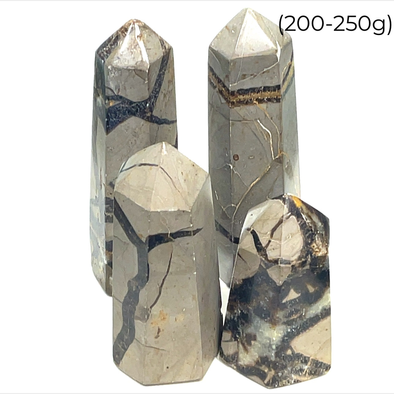 A collection of Septarian Nodule gemstone towers arranged in a line, displaying a variety of earthy colors and patterns on a white background, weighing (200-250g), front view. 