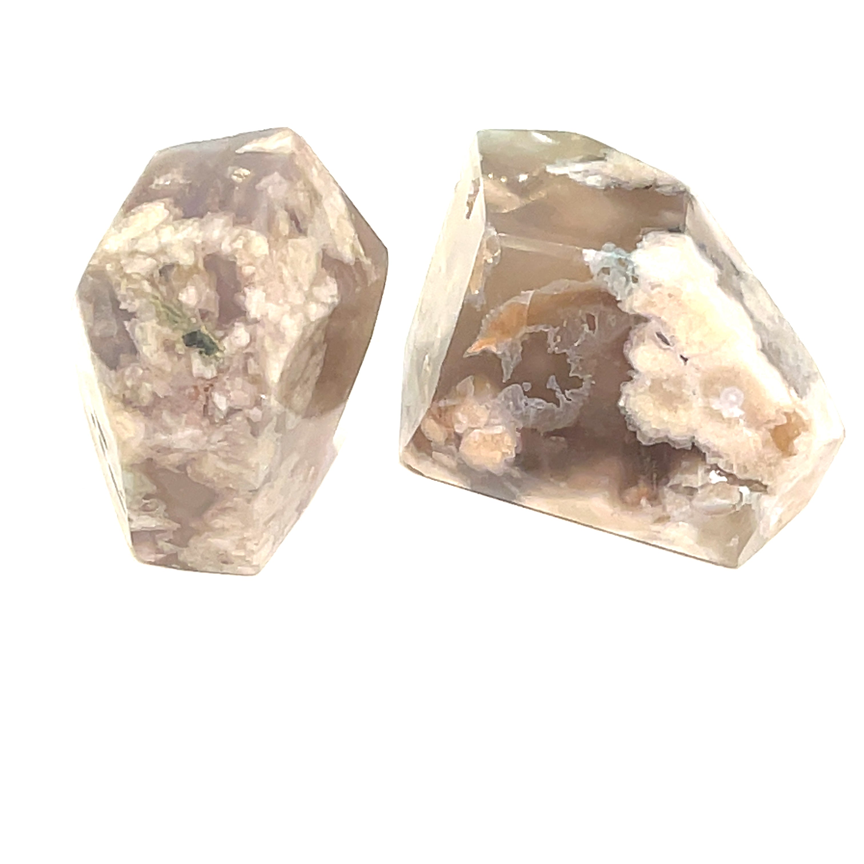 A collection of free-form Flower Agate gemstones with varying shades of brown, green, and white patterns on a white background, front view. 