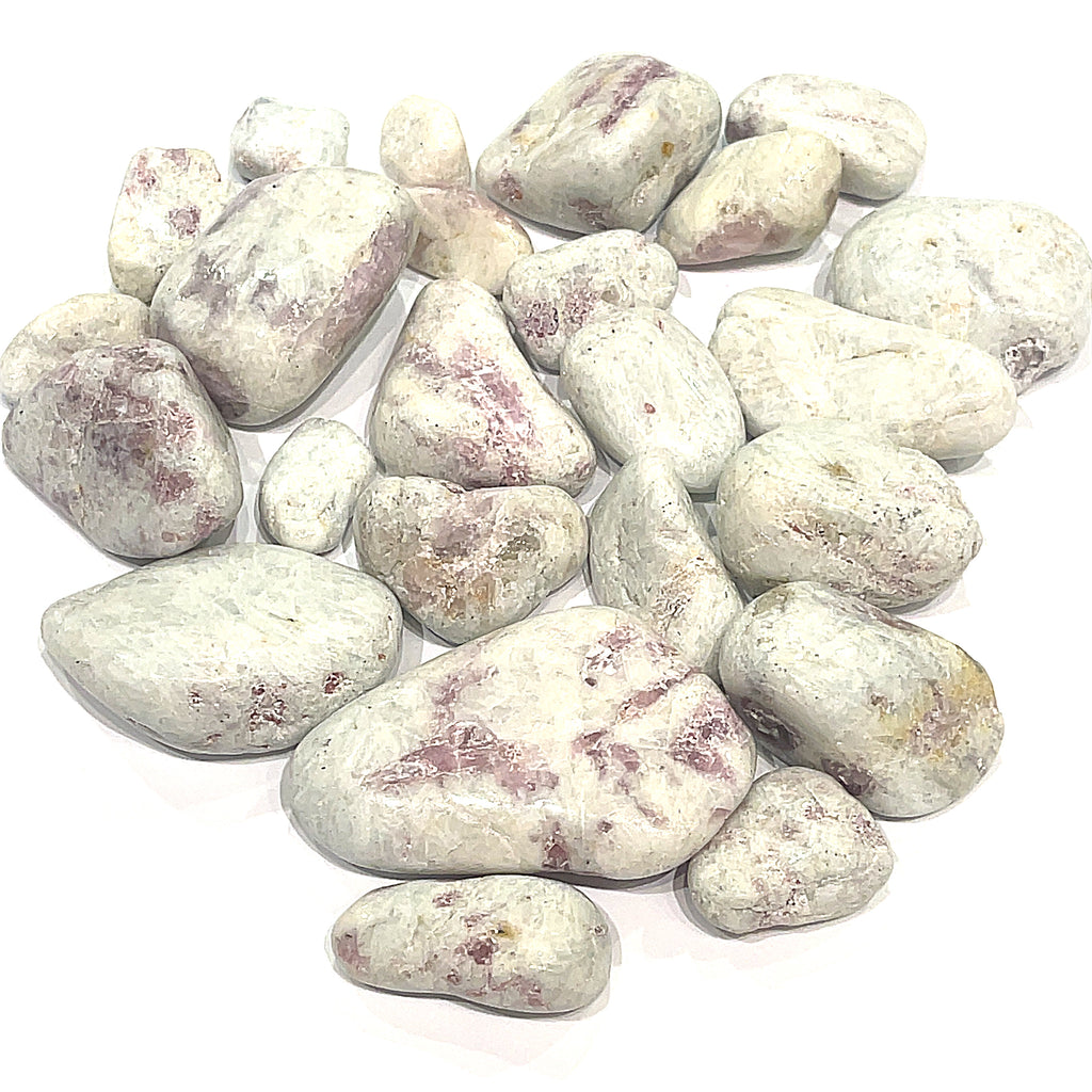 A collection of pink tourmaline in feldspar gemstones with a milky white color and scattered pink inclusions on a white background. 