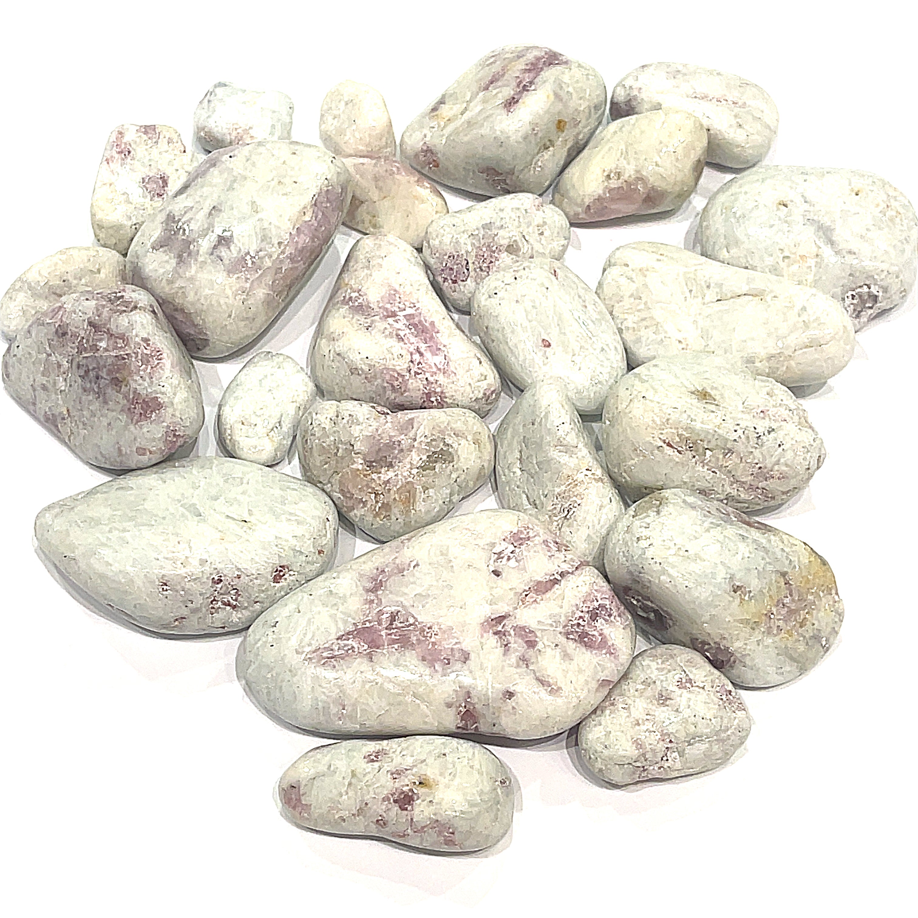 A collection of pink tourmaline in feldspar gemstones with a milky white color and scattered pink inclusions on a white background. 