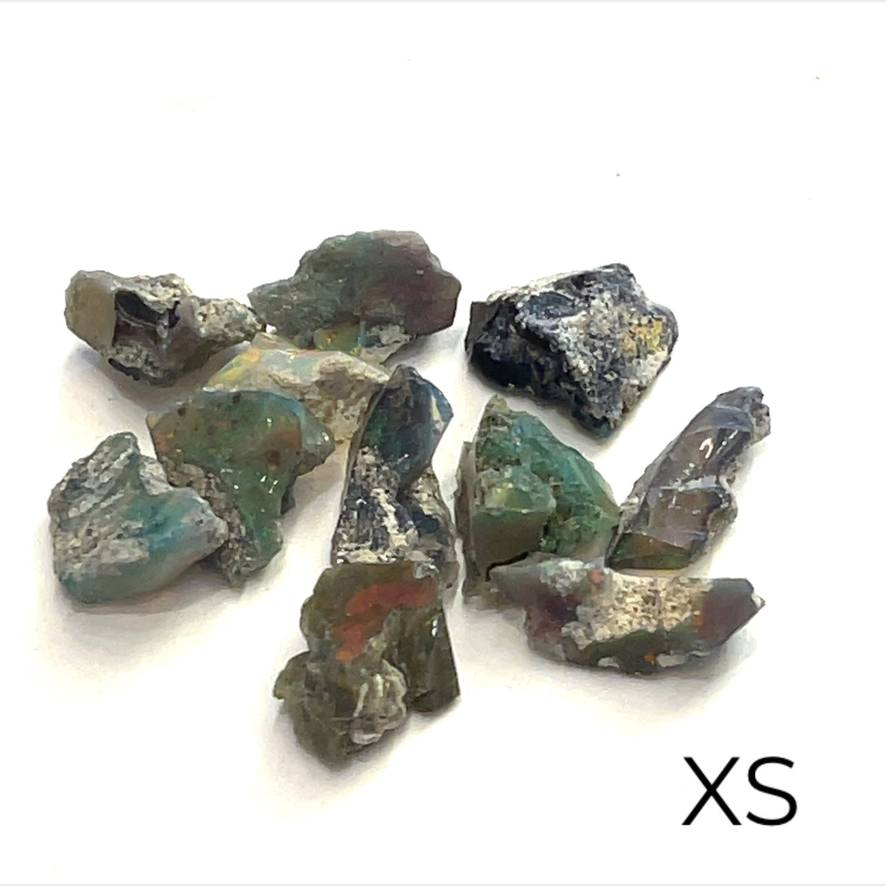 A collection of raw Black Ethiopian white opal gemstones displayed on a white background, front overview size (XS)