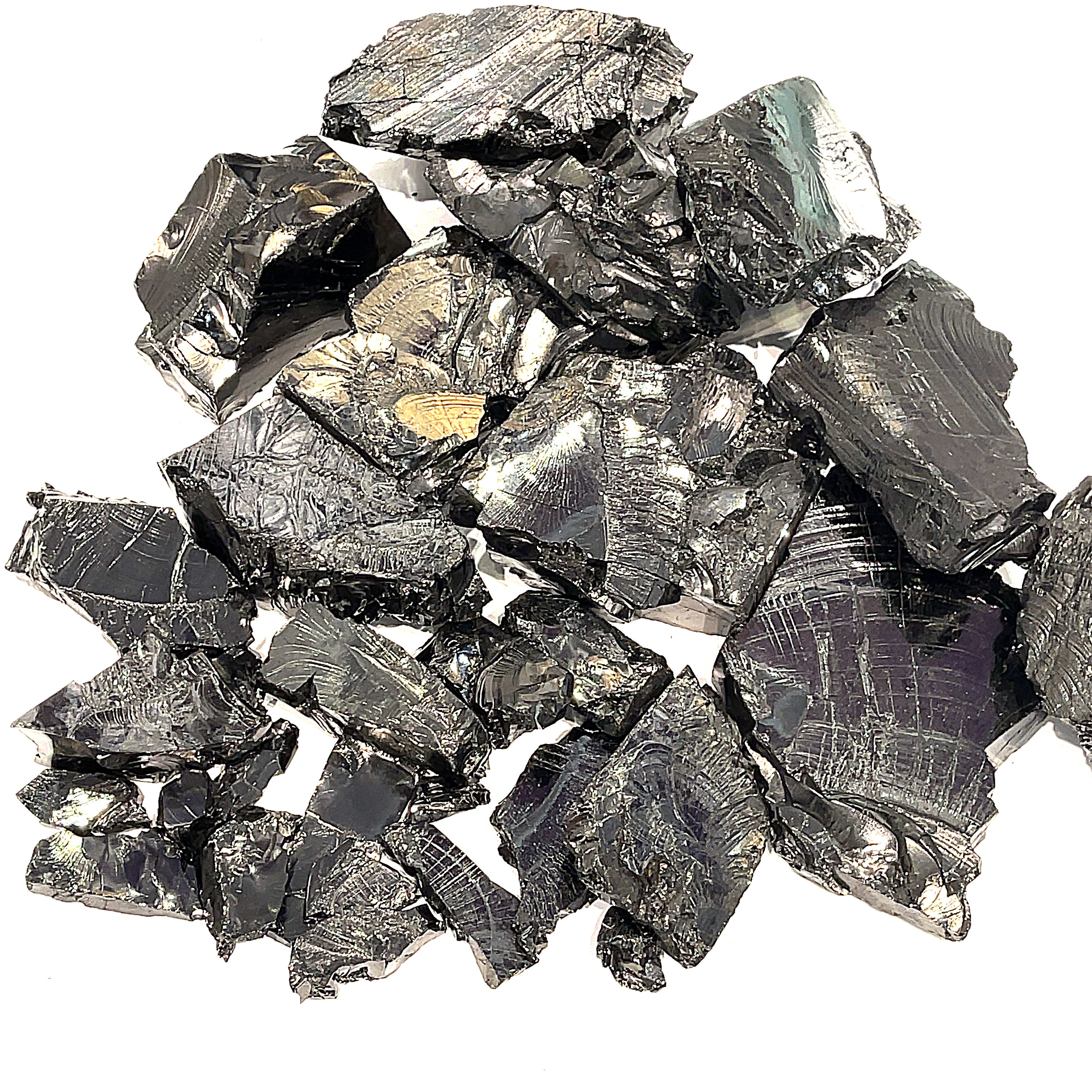 A collection of raw Elite Shungite gemstone chunks on a white background, front overview. 