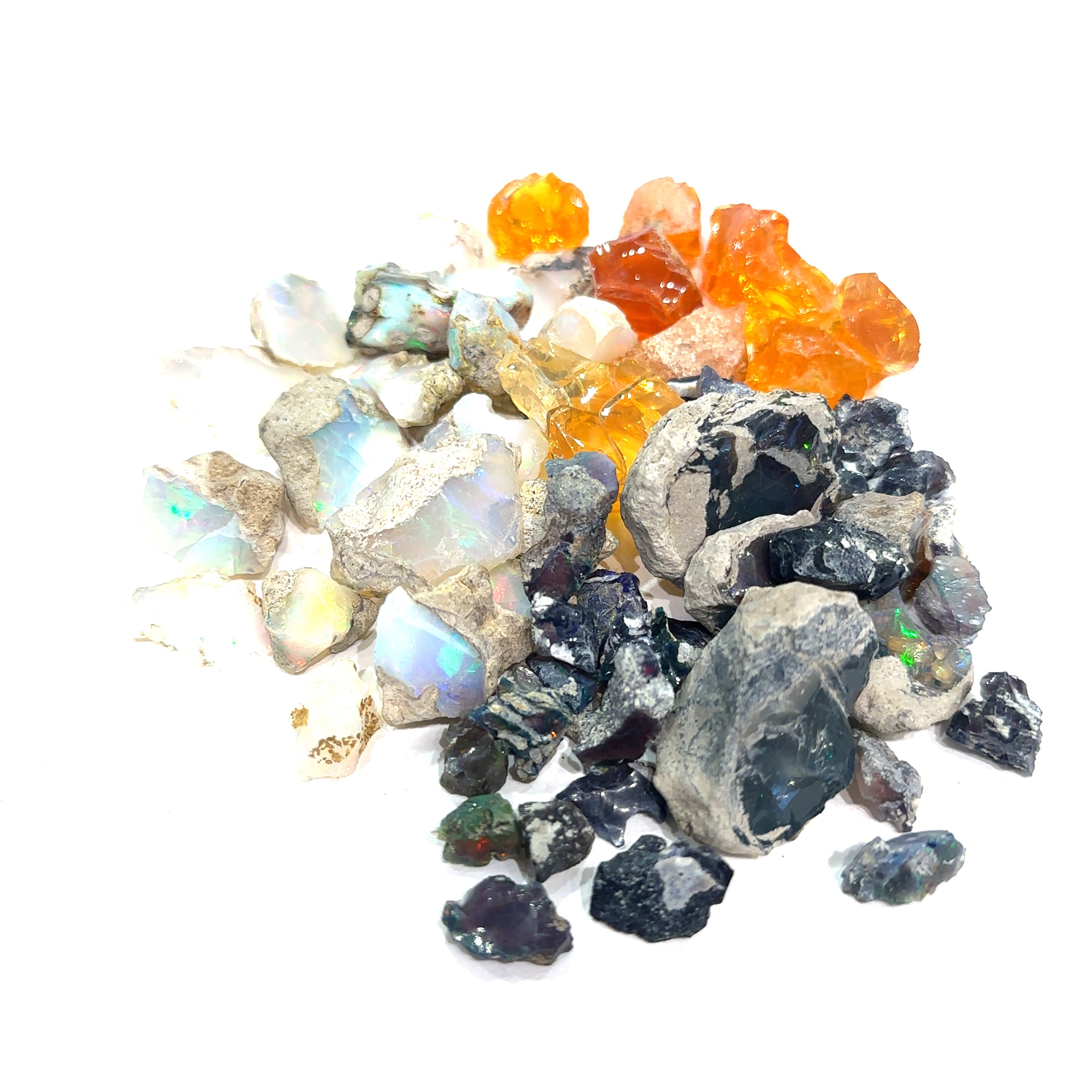 A collection of raw Ethiopian opal gemstones in various colors, displayed on a white background, front overview. 