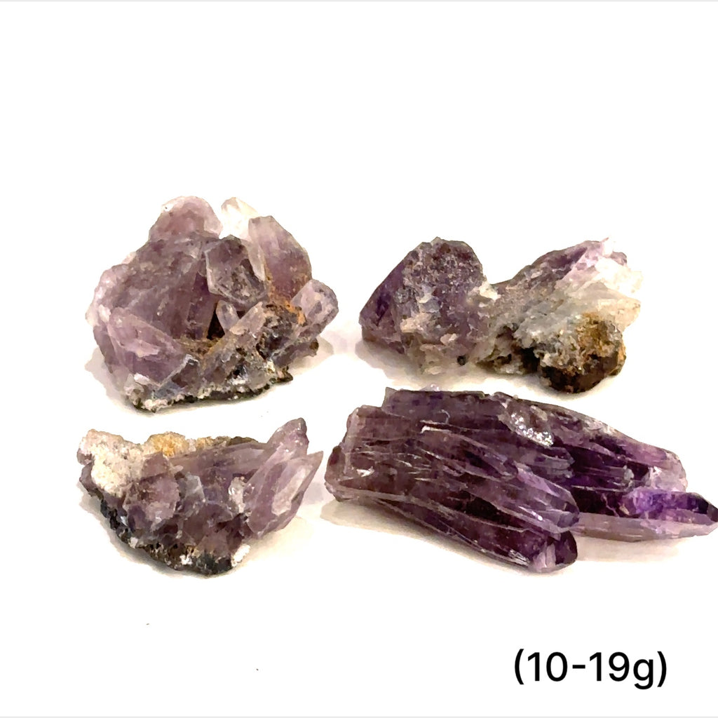 A collection of raw Guerrero Amethyst gemstones with varying crystal structures, predominantly in purple color, against a white background, with sizes ranging from 10 to 19g, front overview