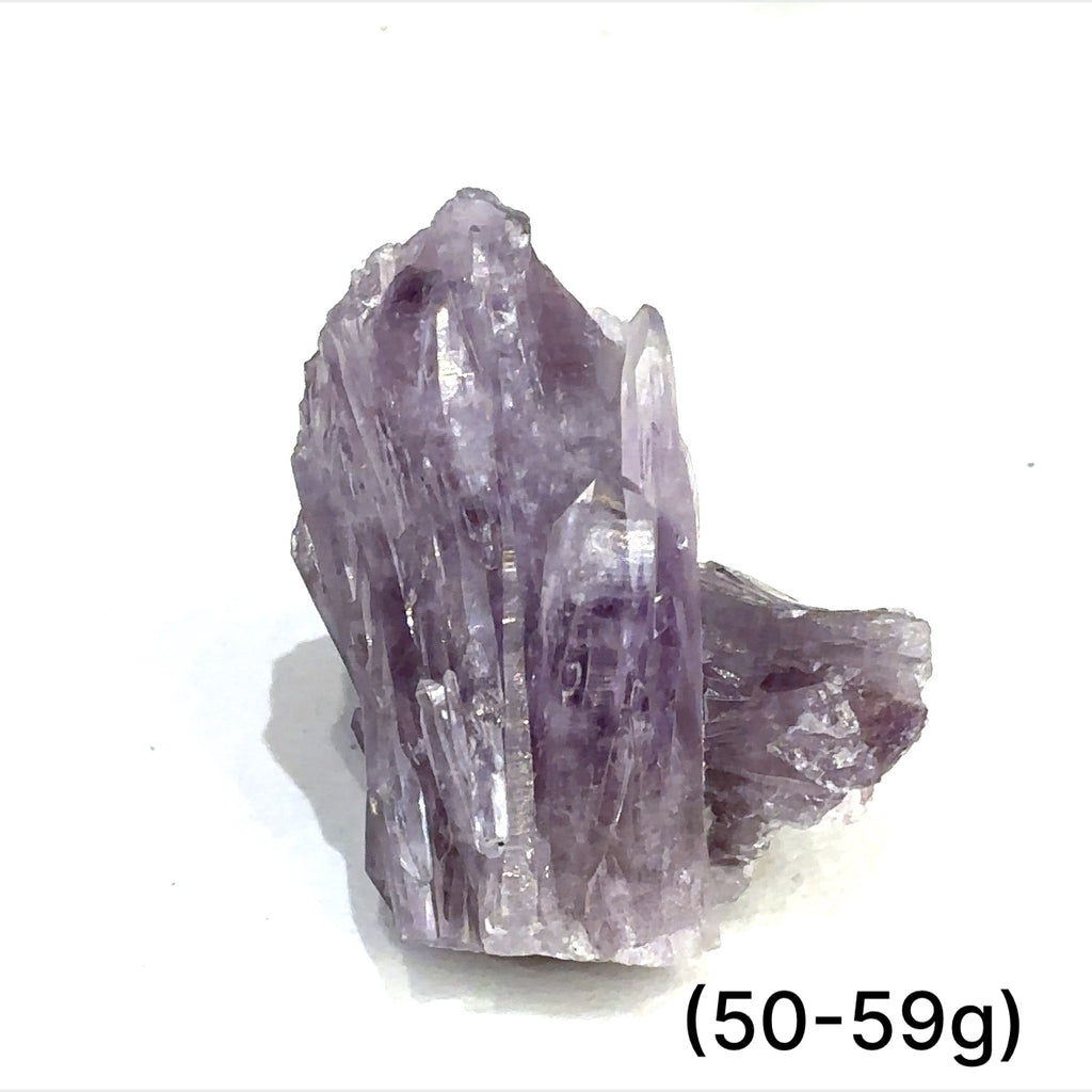 A collection of raw Guerrero Amethyst gemstones with varying crystal structures, predominantly in purple color, against a white background, with sizes ranging from 50 to 59g, front overview.