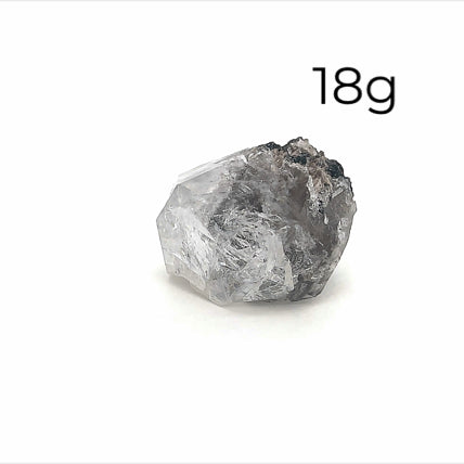 A collection of raw Herkimer diamond gemstones (18g) displayed on a white background, front, overview. 