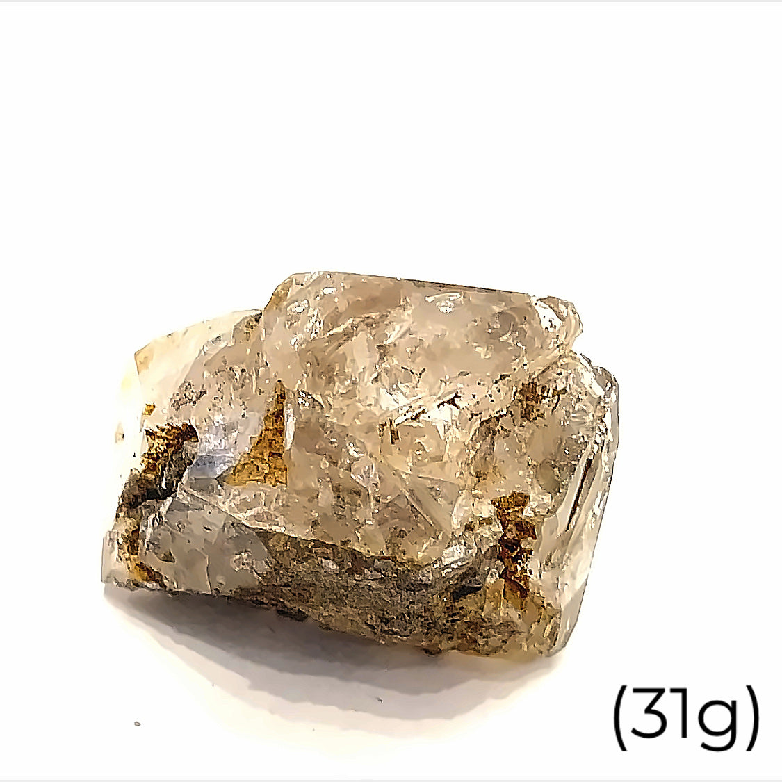 A collection of raw Herkimer diamond gemstones (31g) displayed on a white background, front, overview. 
