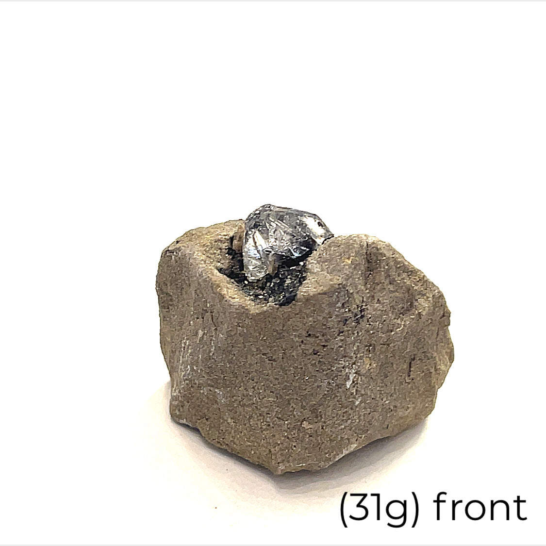 A collection of raw Herkimer diamond gemstones (31g front) displayed on a white background, front, overview. 