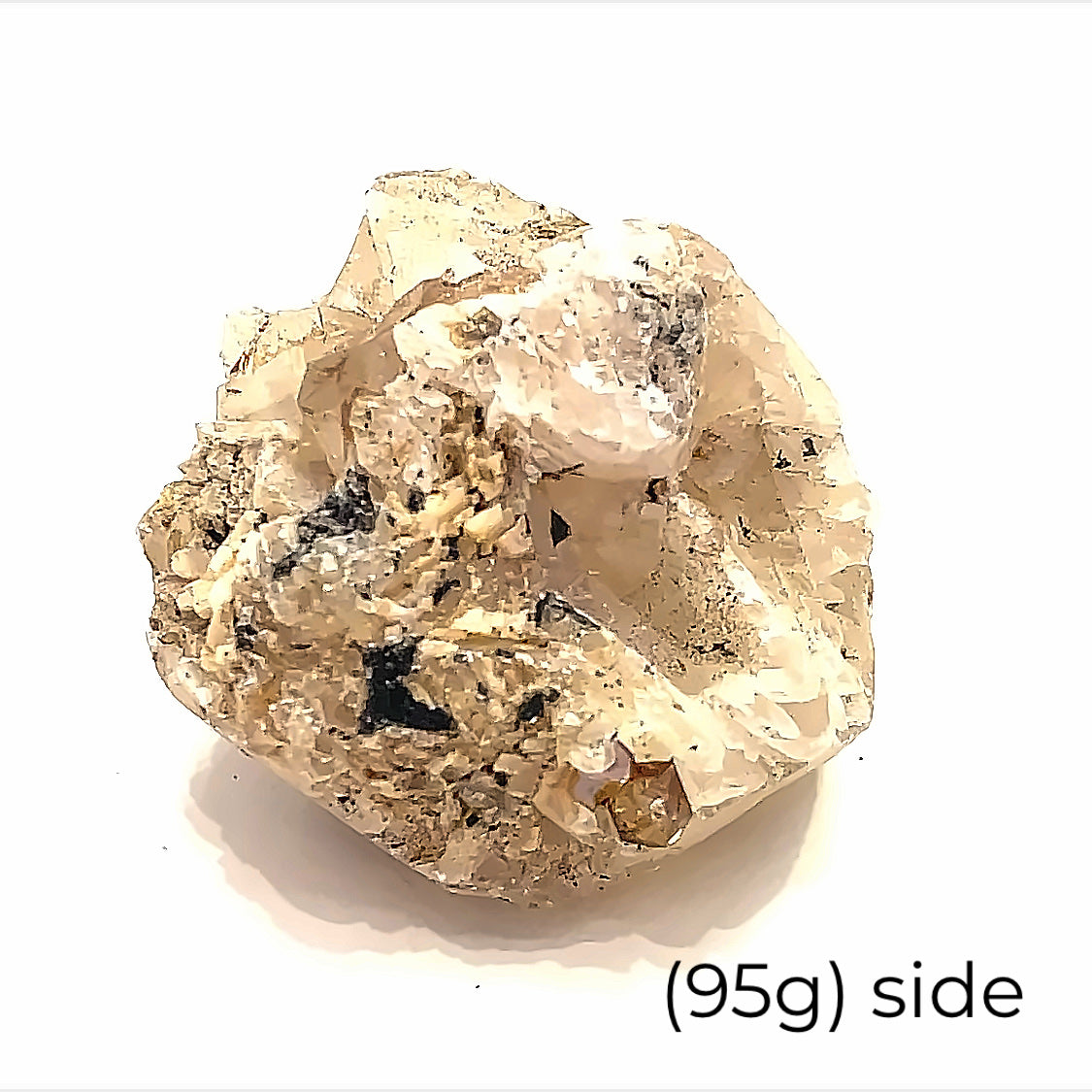 A collection of raw Herkimer diamond gemstones (95g) displayed on a white background, side, overview. 