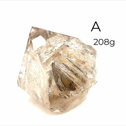A collection of raw Herkimer diamond gemstones (A 208g) displayed on a white background, front, overview. 