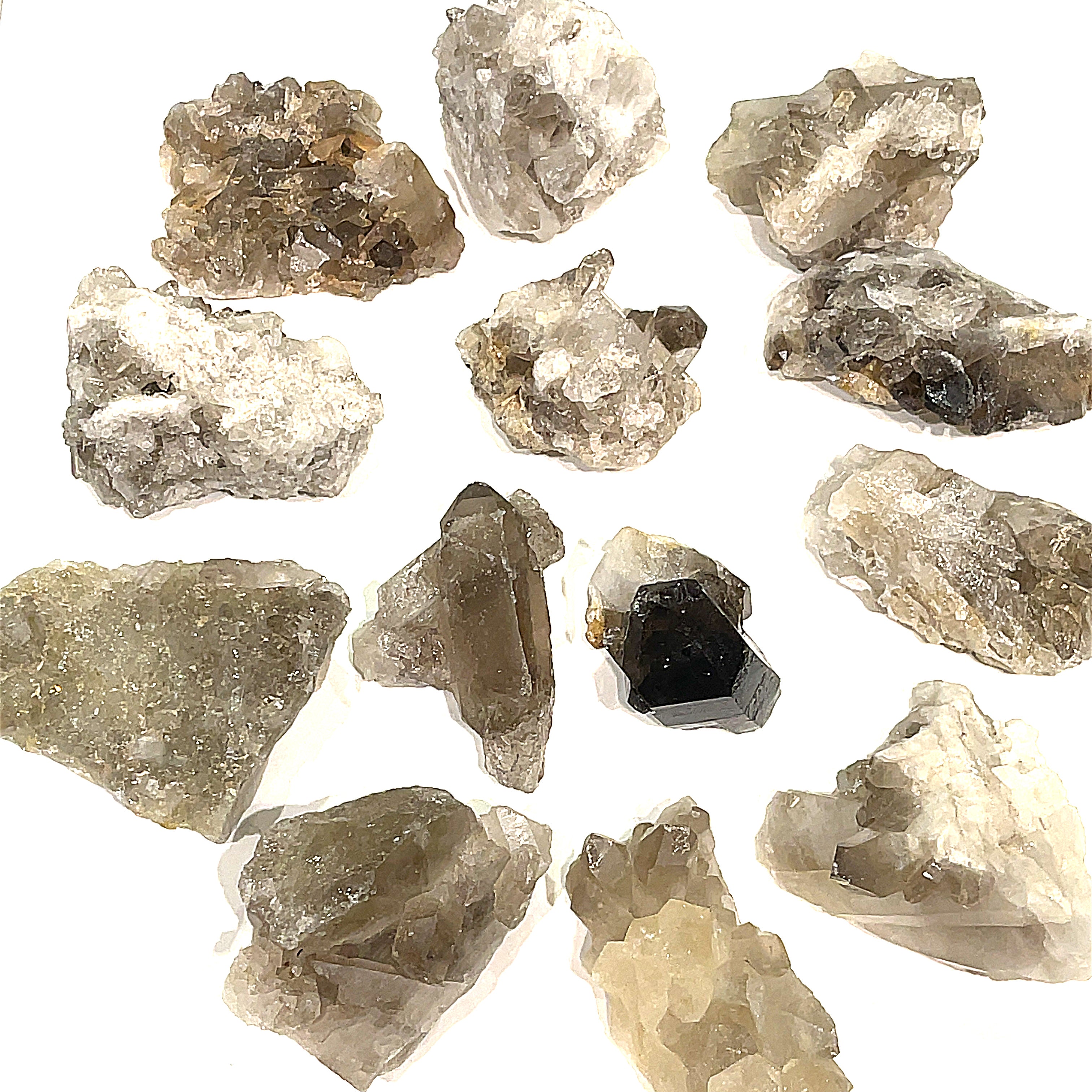 A collection of raw Smokey Quartz gemstone med clusters displayed on a white background, front overview.