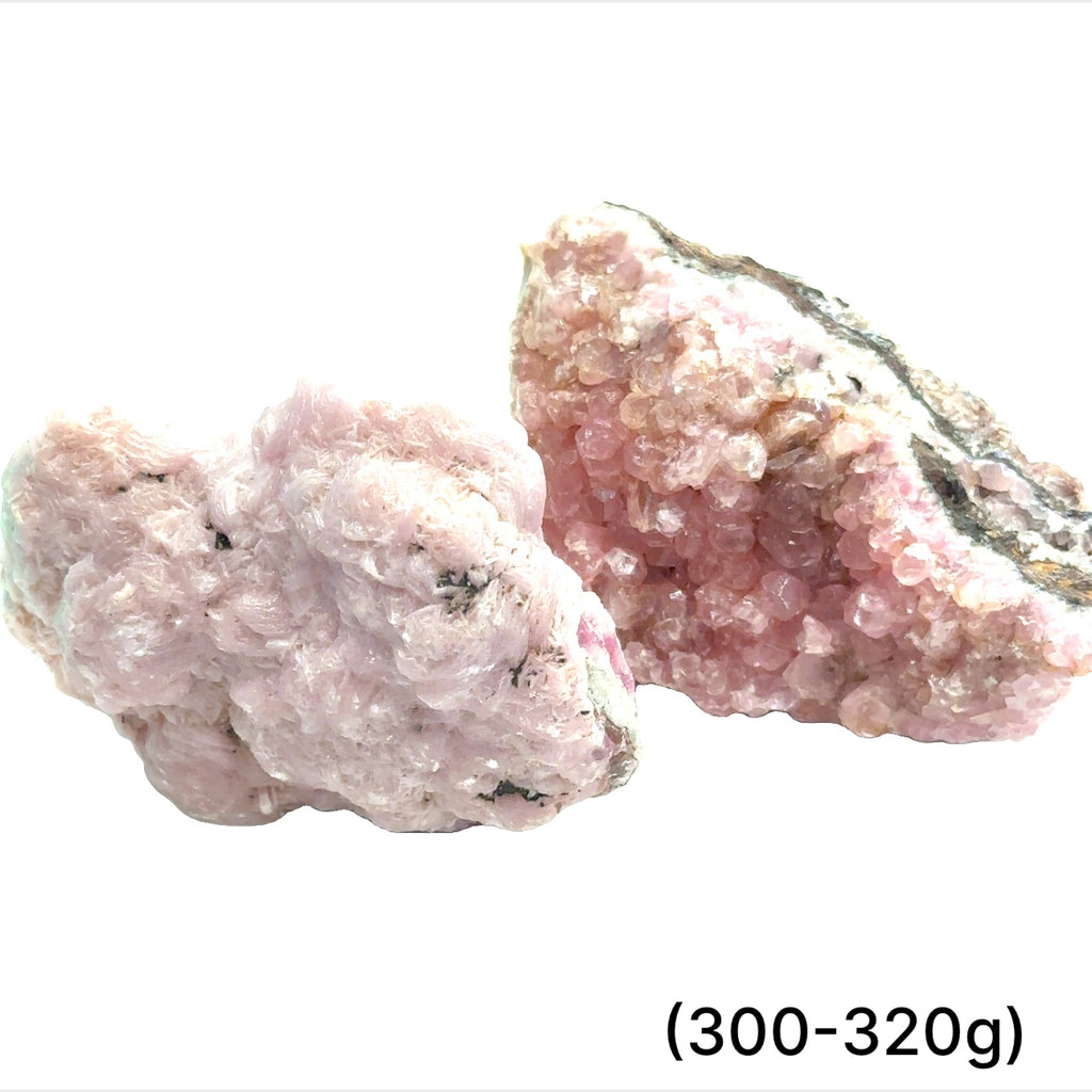 A collection of raw cobalt calcite gemstones with a pinkish hue, showing a rough, unpolished texture, and varying in size. The text indicates the weight range of 300-320 grams. on white background, front view