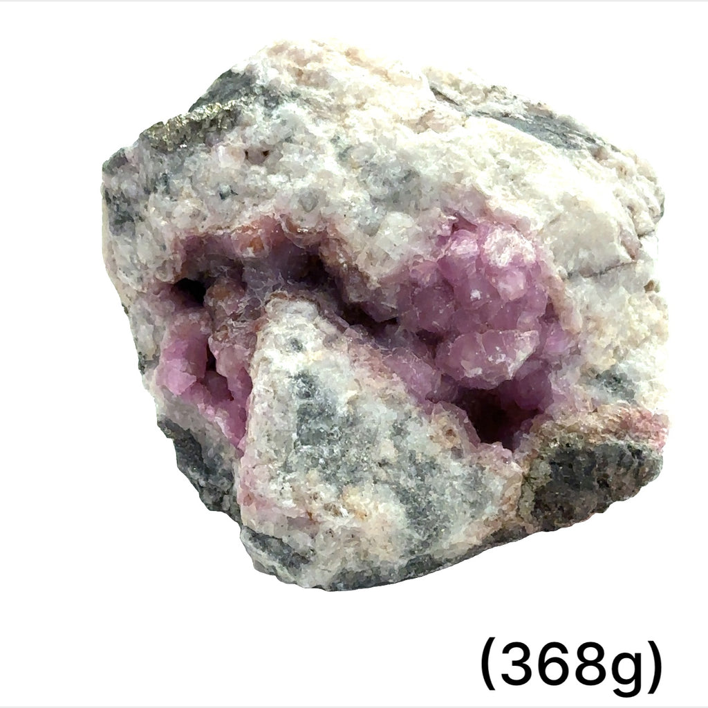 A collection of raw cobalt calcite gemstones with a pinkish hue, showing a rough, unpolished texture, and varying in size. The text indicates the weight range of 368 grams. on white background, front view