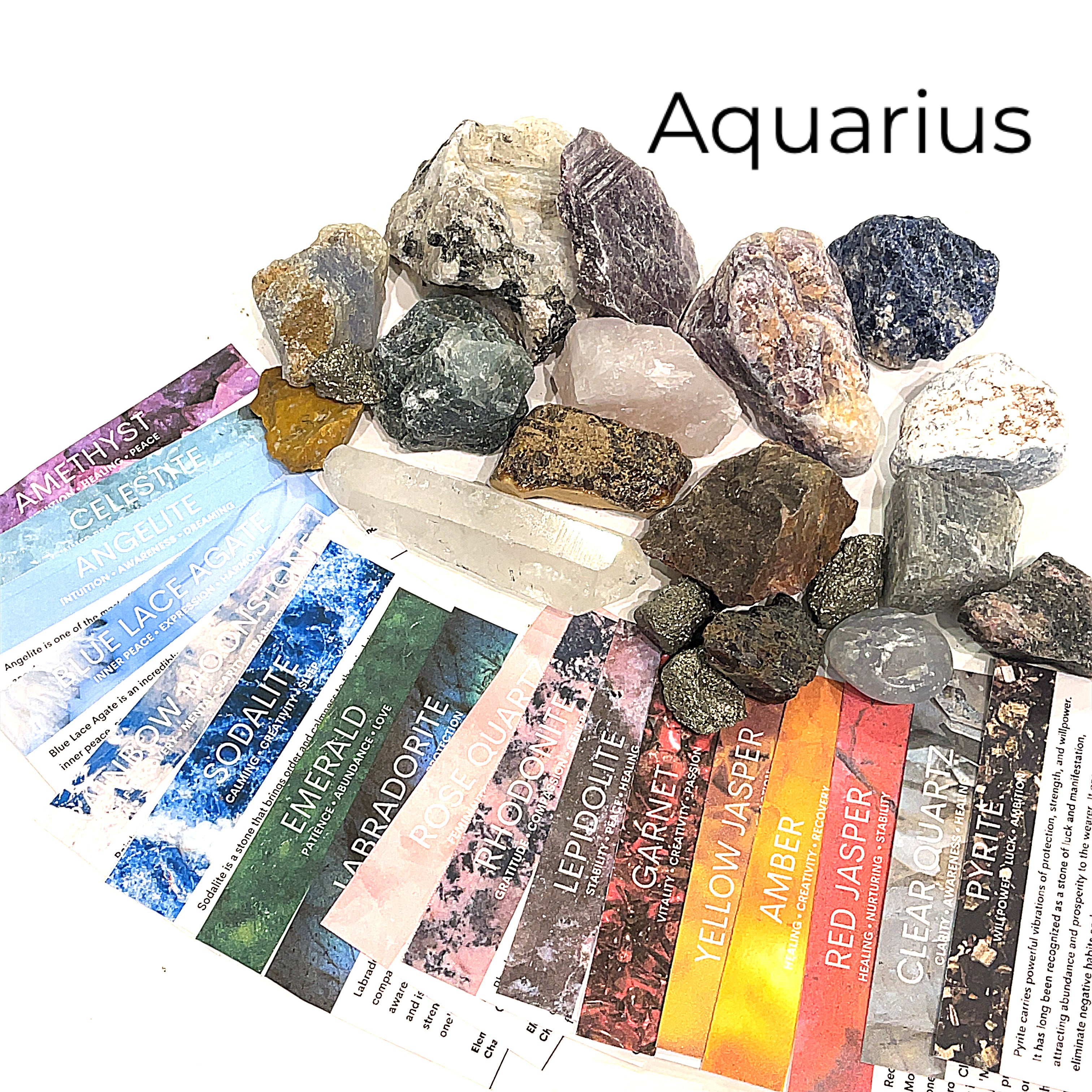 A collection of raw gemstones spread out, each labeled with its type, such as Aquamarine, Amethyst, and others. The label at the top says 'Aquqrius'. front view. 