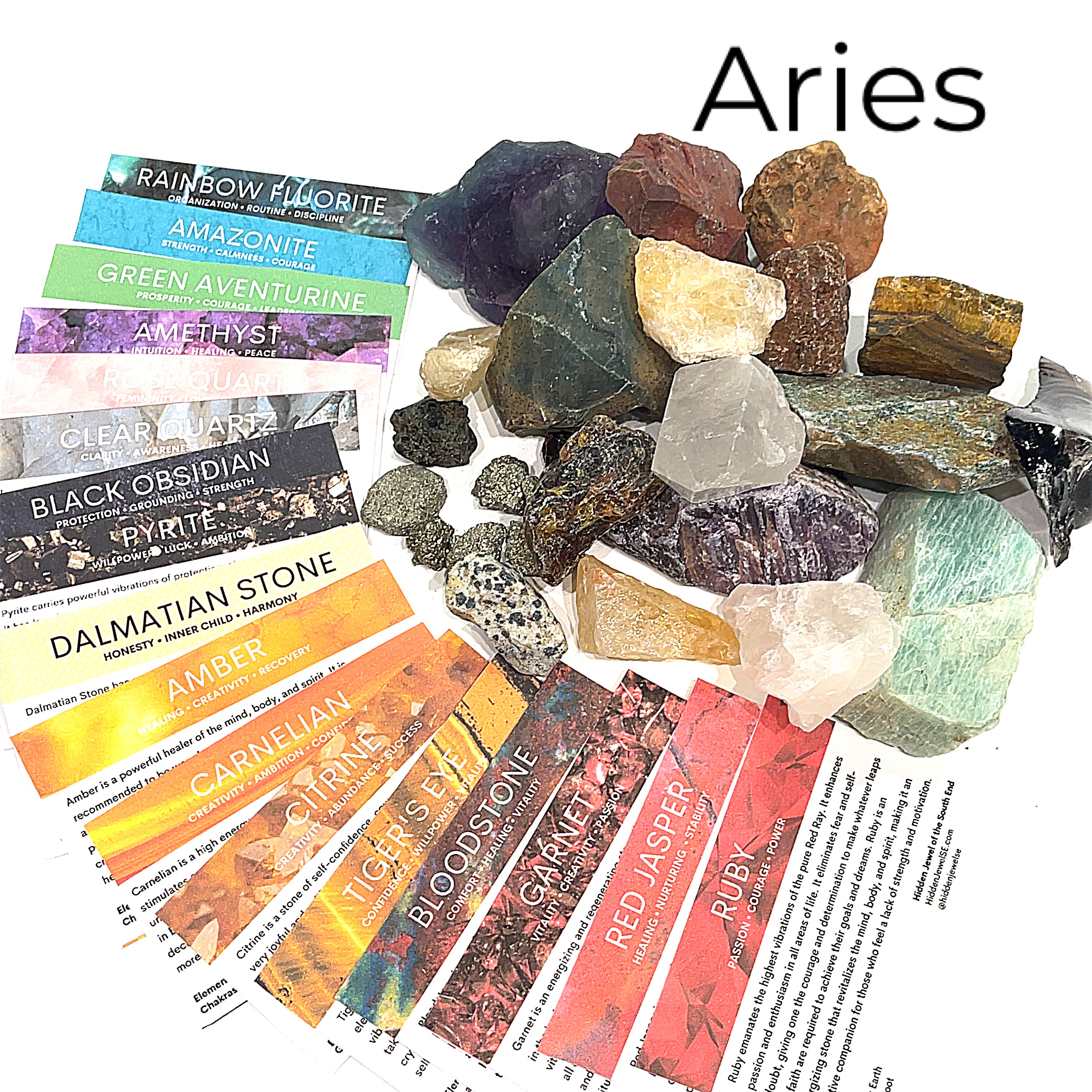 A collection of raw gemstones spread out, each labeled with its type, such as Aquamarine, Amethyst, and others. The label at the top says 'Aries'. front view. 