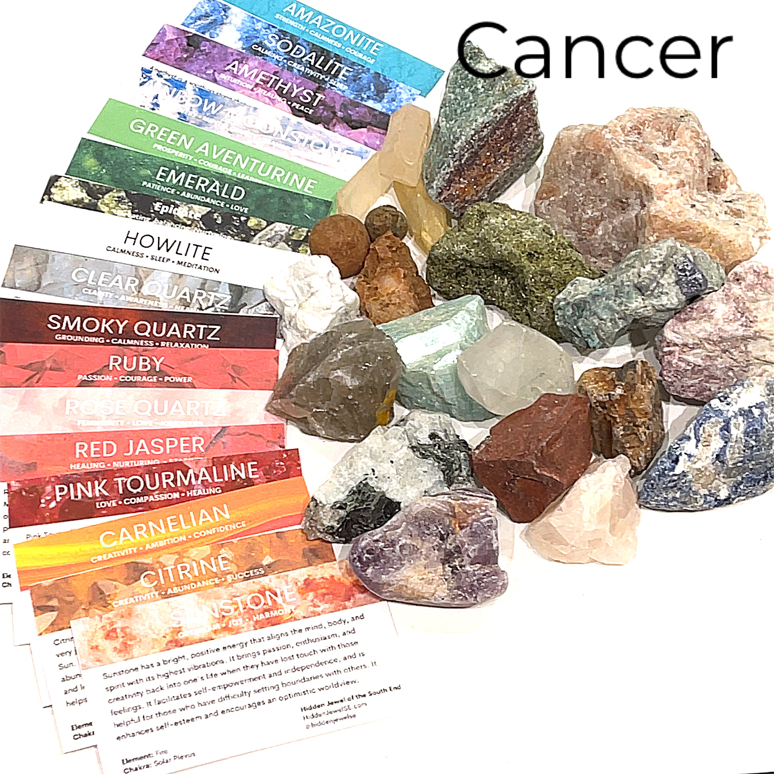 A collection of raw gemstones spread out, each labeled with its type, such as Aquamarine, Amethyst, and others. The label at the top says 'Cancer'.