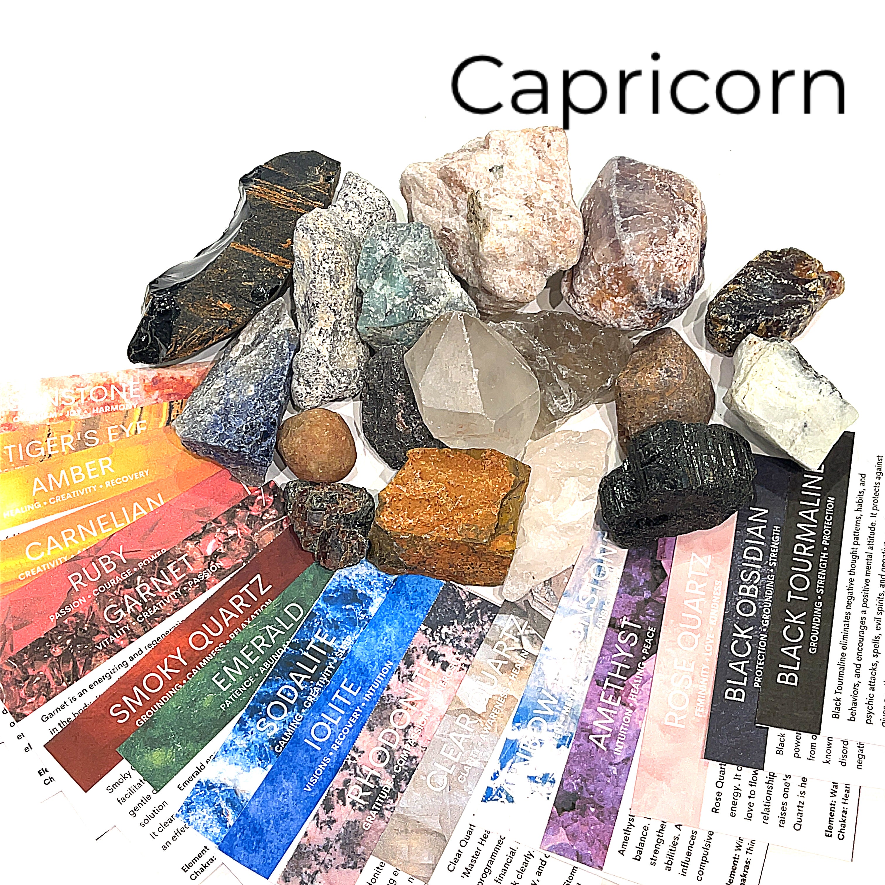 A collection of raw gemstones spread out, each labeled with its type, such as Aquamarine, Amethyst, and others. The label at the top says 'Capricorn'. front view. 