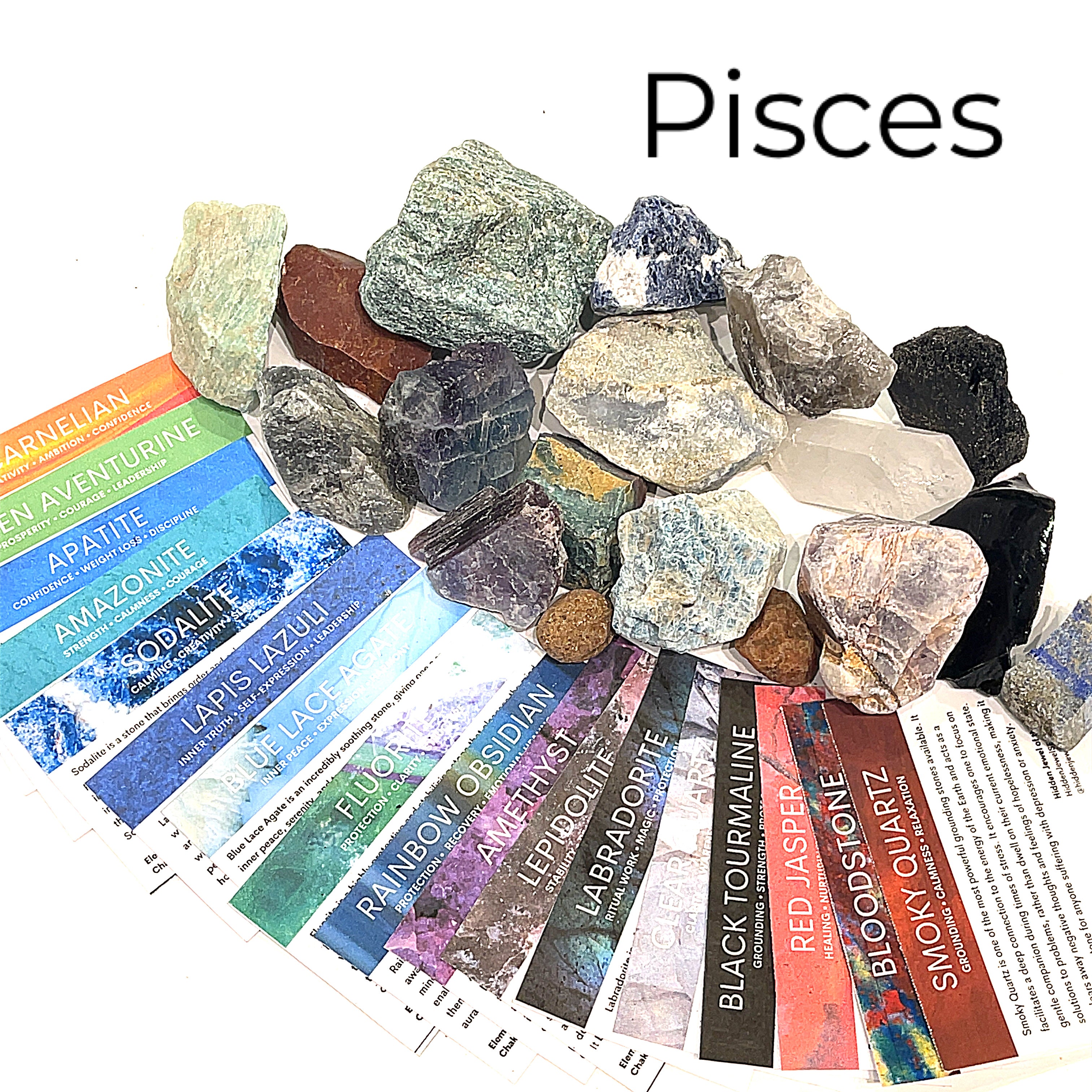 A collection of raw gemstones spread out, each labeled with its type, such as Aquamarine, Amethyst, and others. The label at the top says 'Pisces'. front view. 