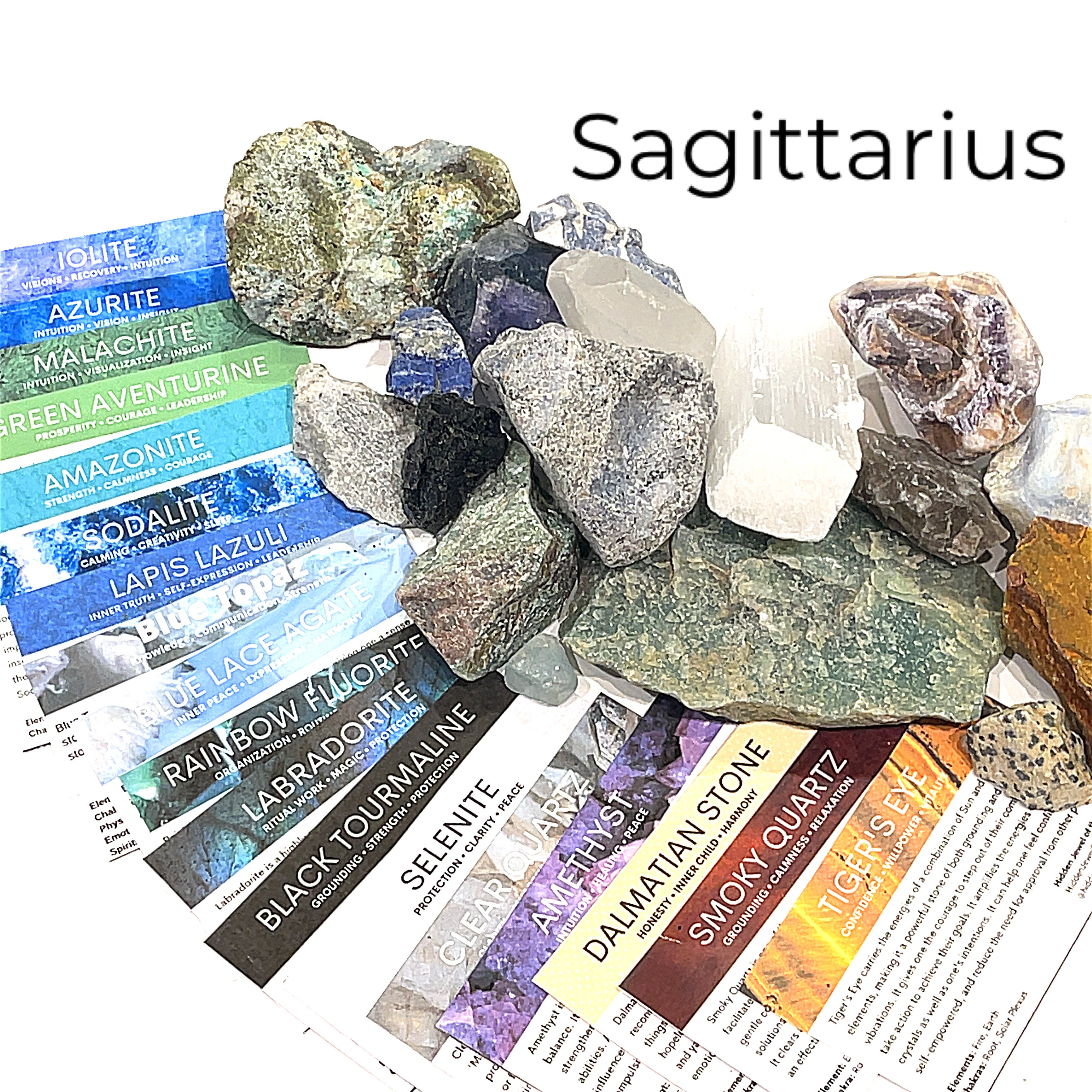 A collection of raw gemstones spread out, each labeled with its type, such as Aquamarine, Amethyst, and others. The label at the top says 'Sagittarius'. front view. 