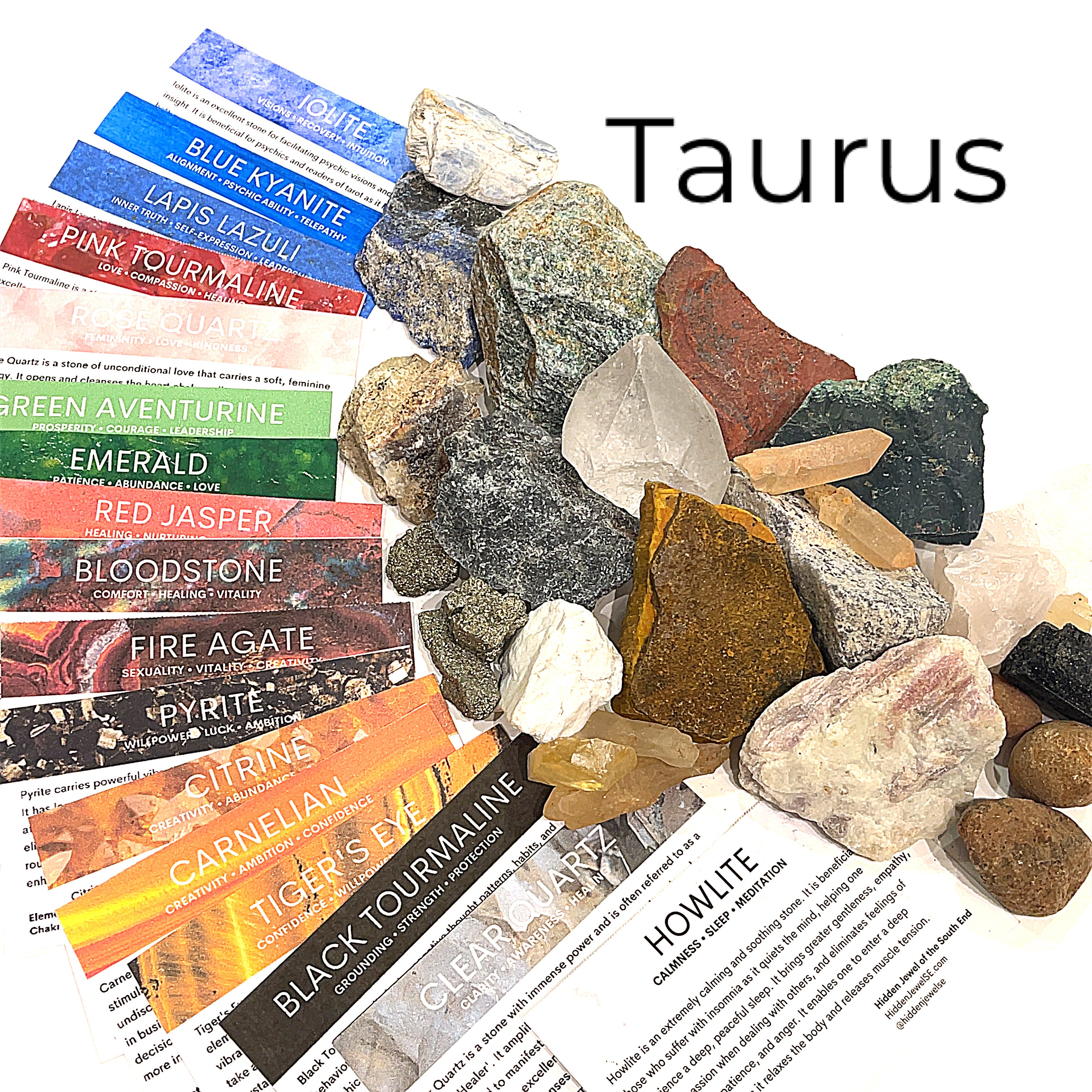 A collection of raw gemstones spread out, each labeled with its type, such as Aquamarine, Amethyst, and others. The label at the top says 'Taurus'. front view. 