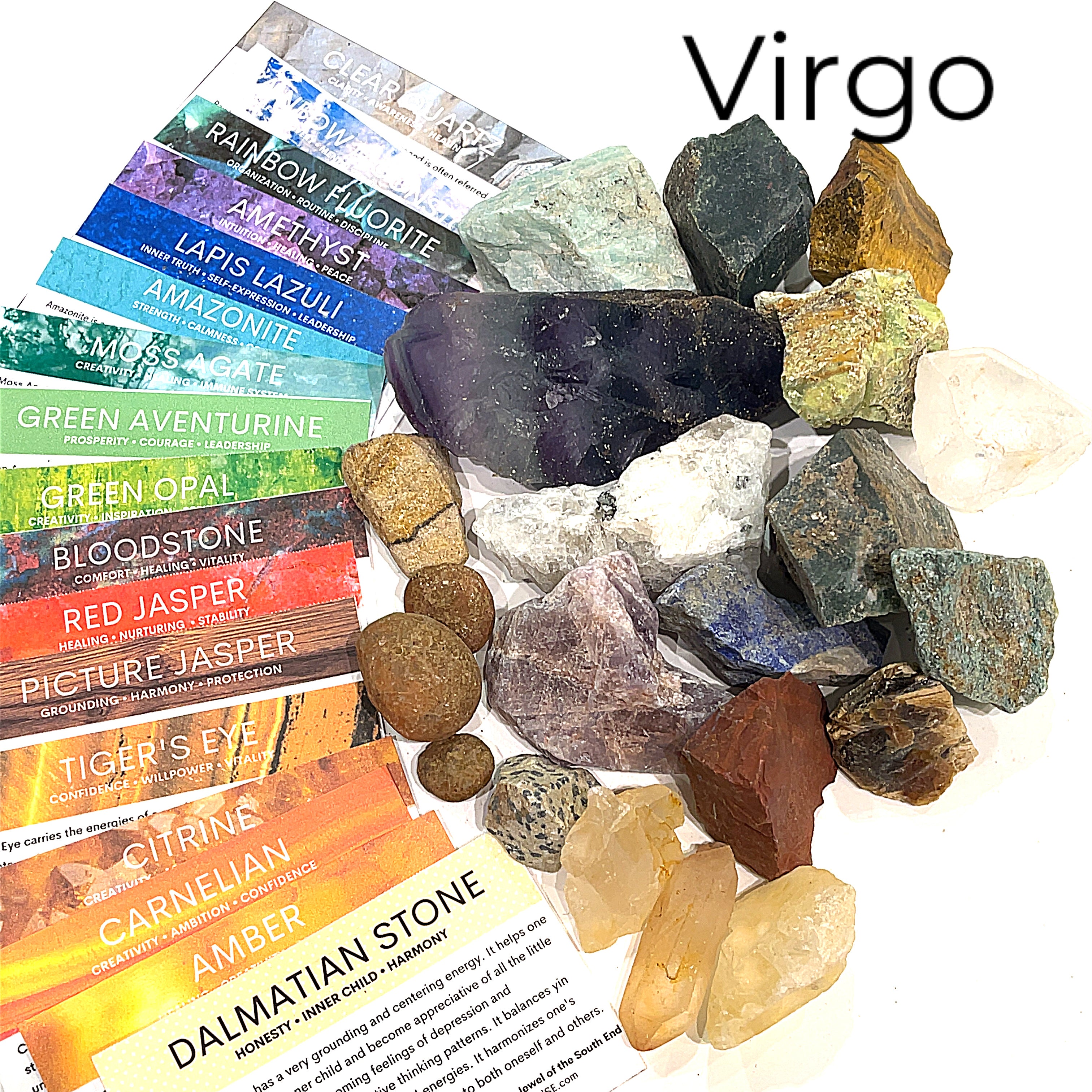 A collection of raw gemstones spread out, each labeled with its type, such as Aquamarine, Amethyst, and others. The label at the top says 'Virgo'.