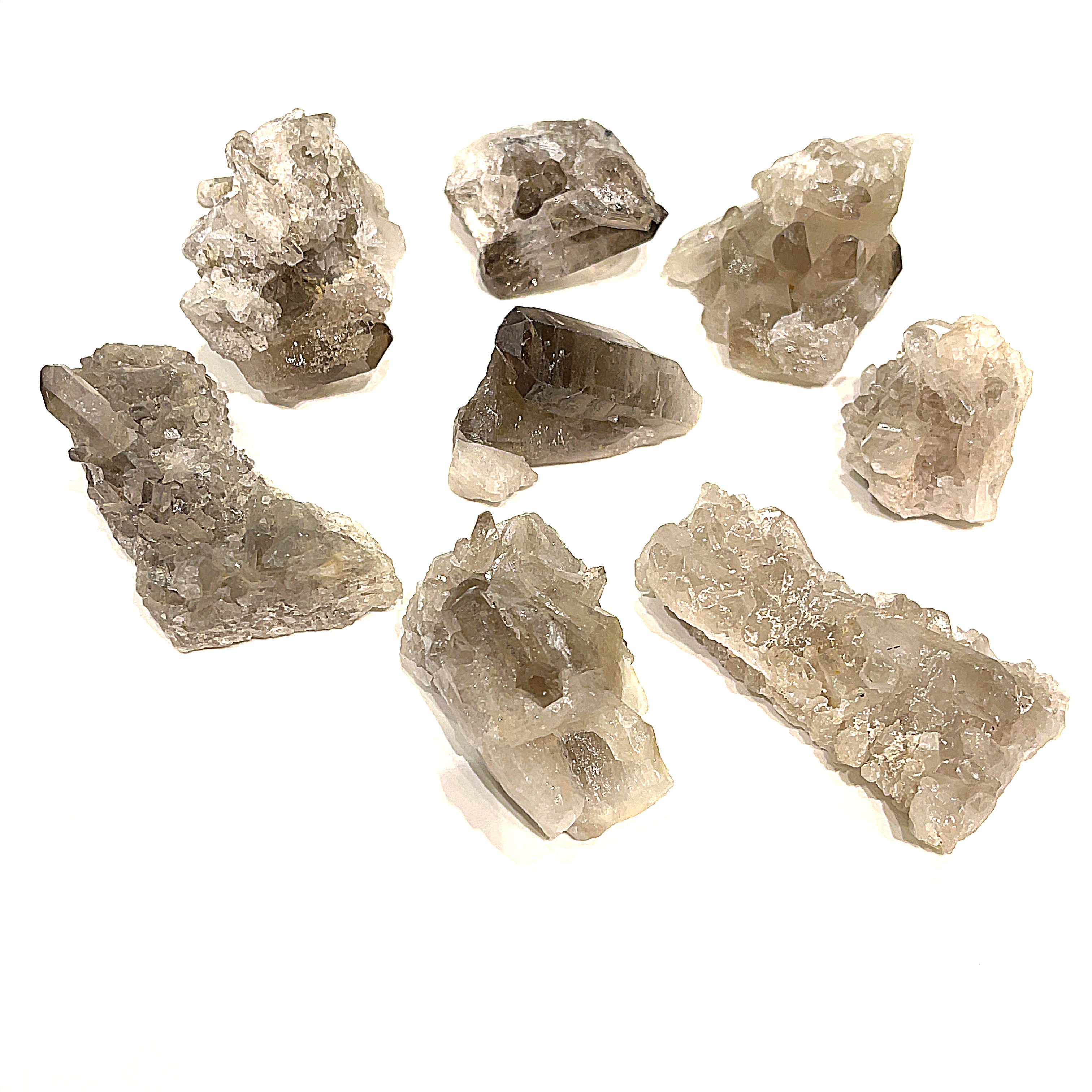 A collection of small Smokey Quartz gemstone clusters displayed on a white background, front, close-up overview.
