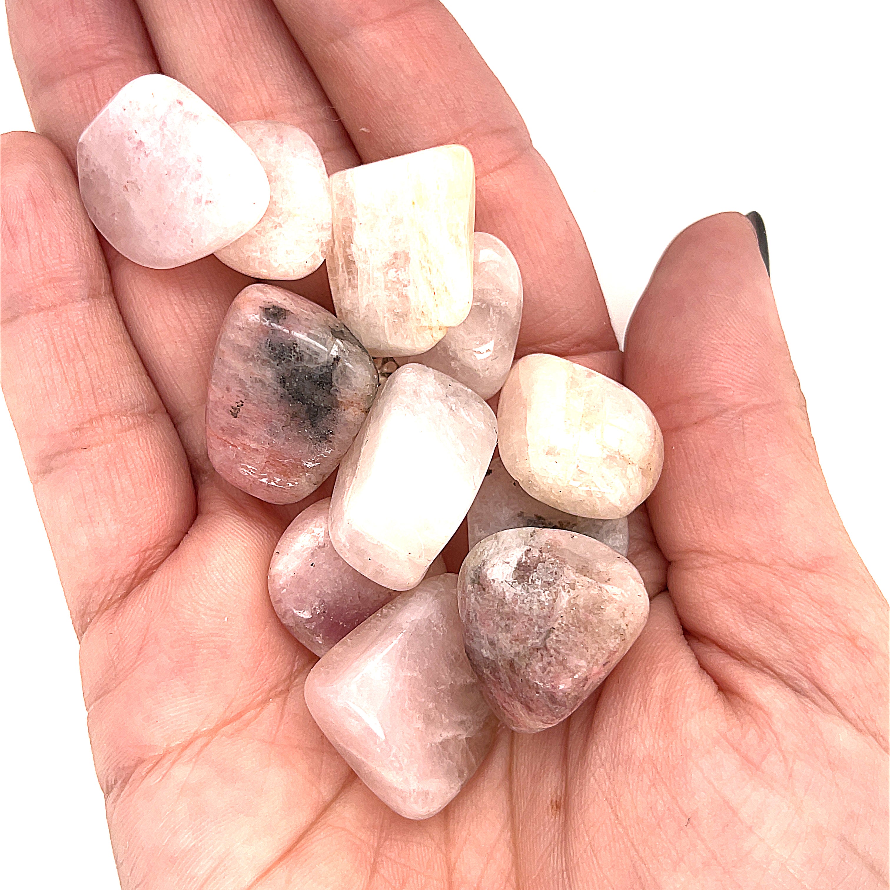 A collection of small tumbled Petalite gemstones with a pink hue, displayed   on a white background, front overview.