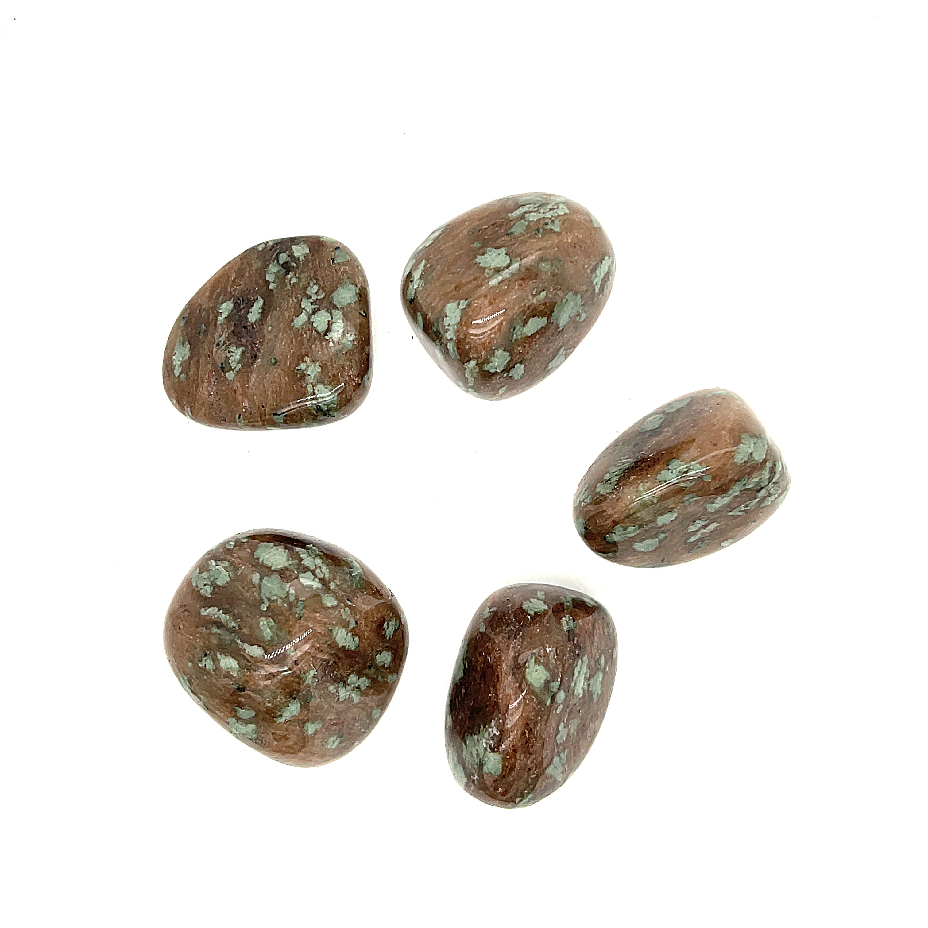 A collection of tumbled Nundoorite gemstones with a brown base and green speckled patterns displayed on a white background, overview. 